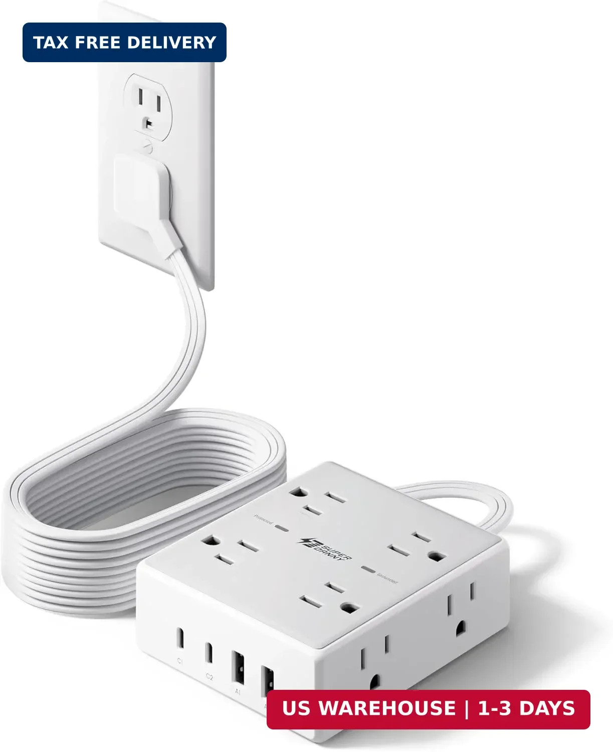"10Ft Extension Cord Surge Protector Power Strip 8 Outlets 4 USB C Flat Plug Cha