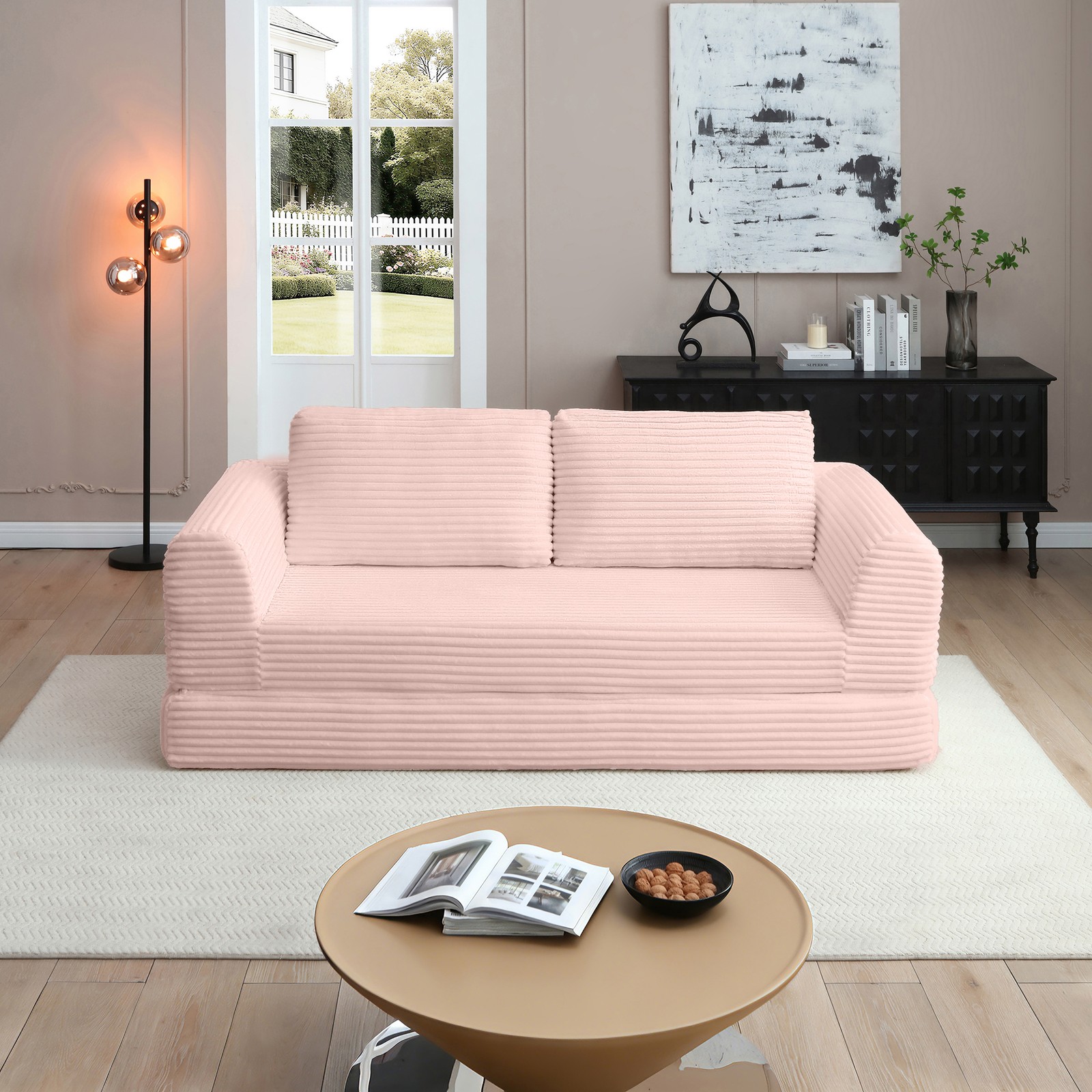 Corduroy Sofa Bed 2-in-1 Folding Futon Sleeper Couch with Pillows Pink