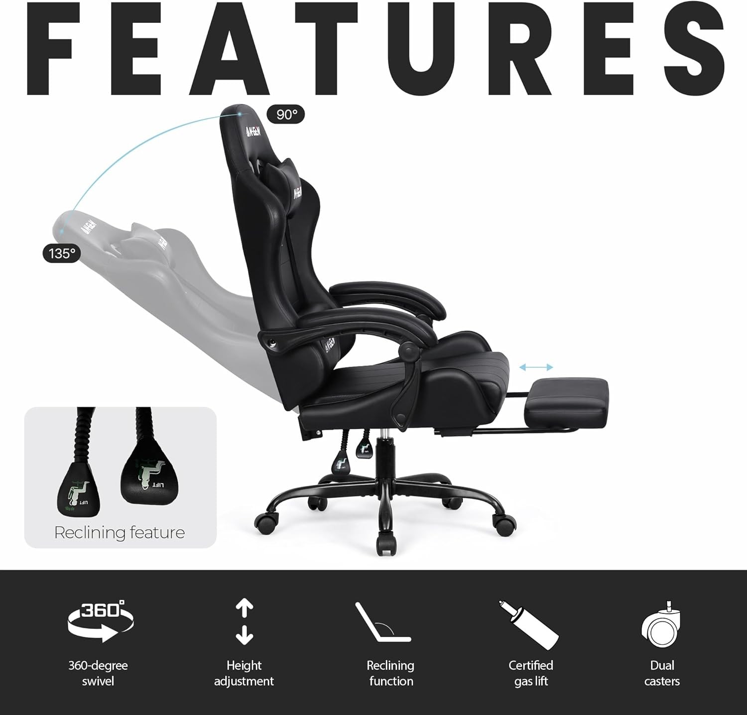 Video Gaming Chair with Footrest Lumbar Support (Black)
