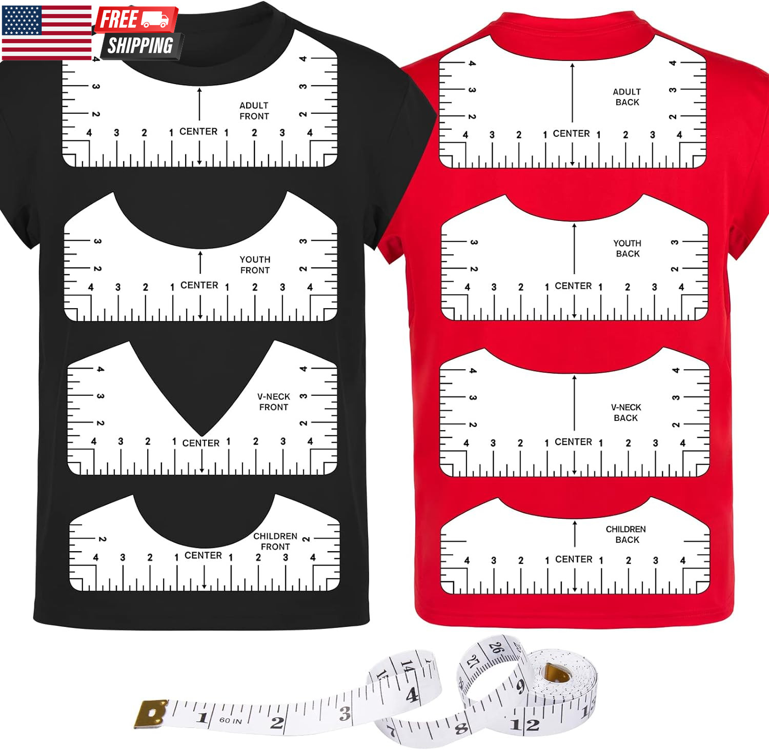 9Pcs Tshirt-Ruler Guide to Center Vinyl, Transparent V-Neck/Round PVC Ruler for