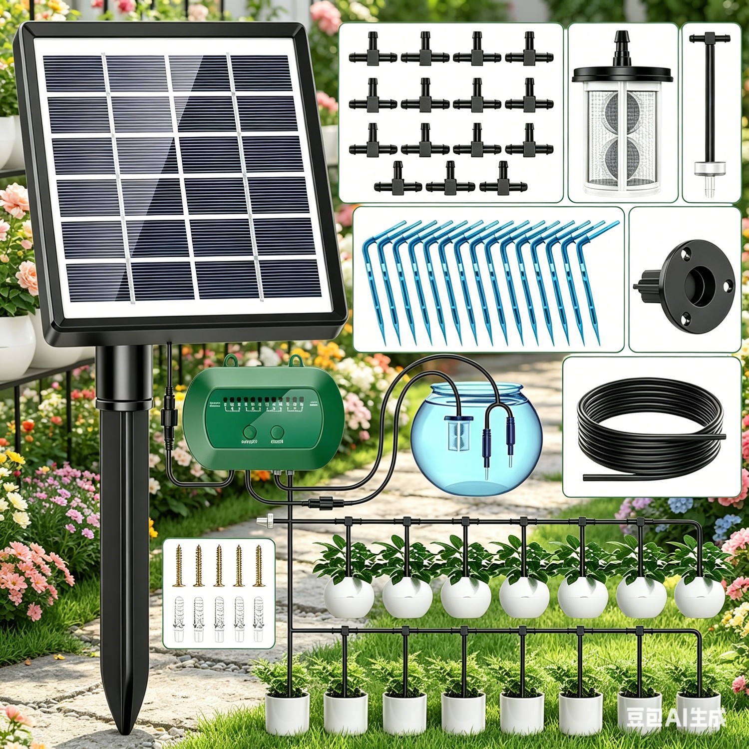🌈50FT Solar Automatic Drip Irrigation System Kit Plant Watering Timer Garden