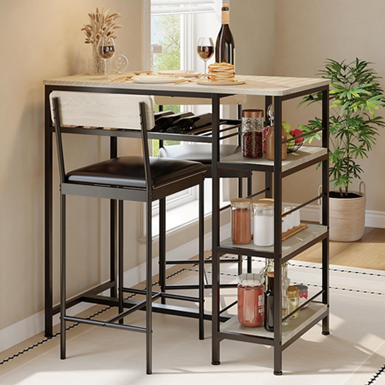 3-Piece Dining Table Set w/ Upholstered Bar Stool Wine Rack Kitchen Dining Room