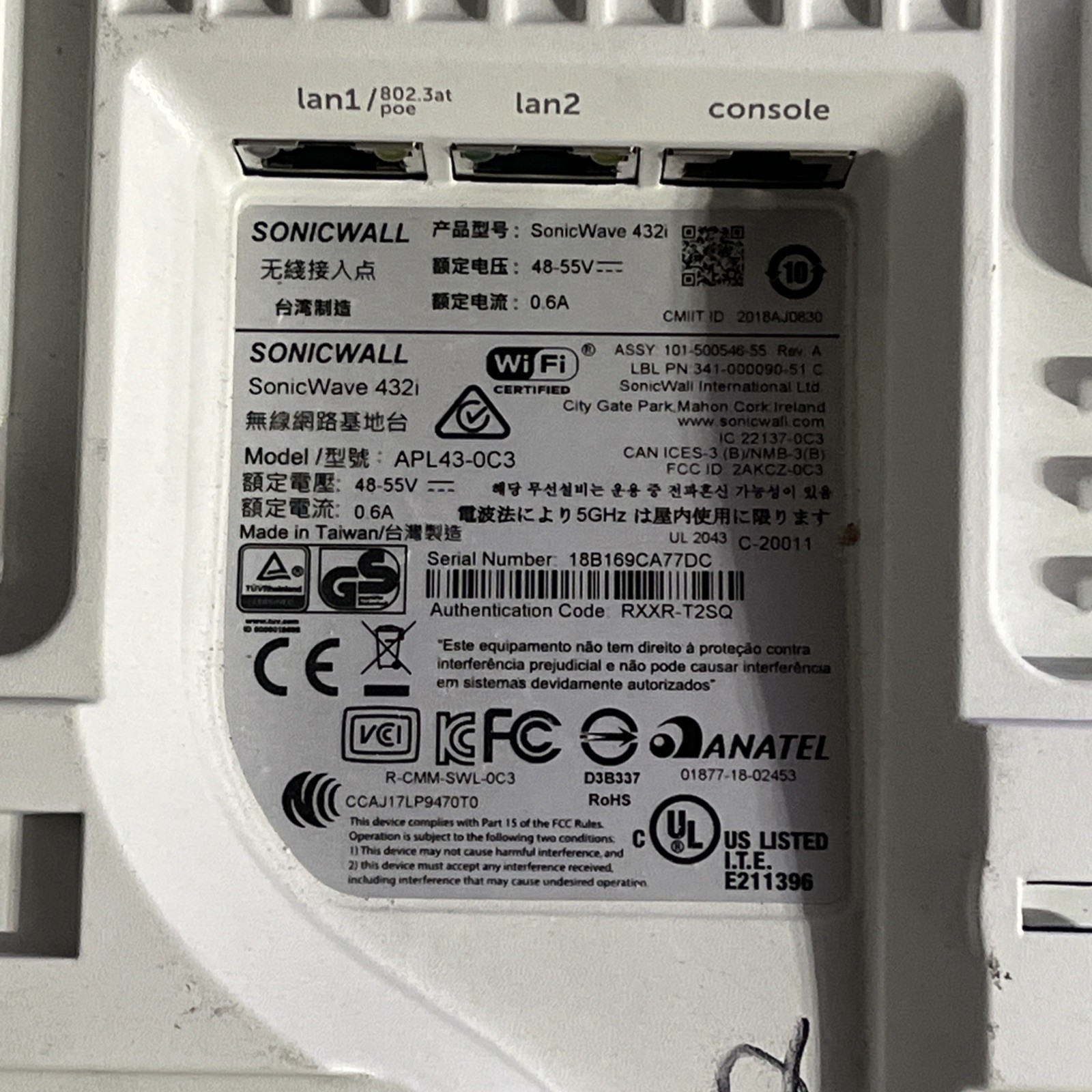 x4 SONICWALL SONICWAVE 432I WIRELESS POE WI-FI ACCESS POINT