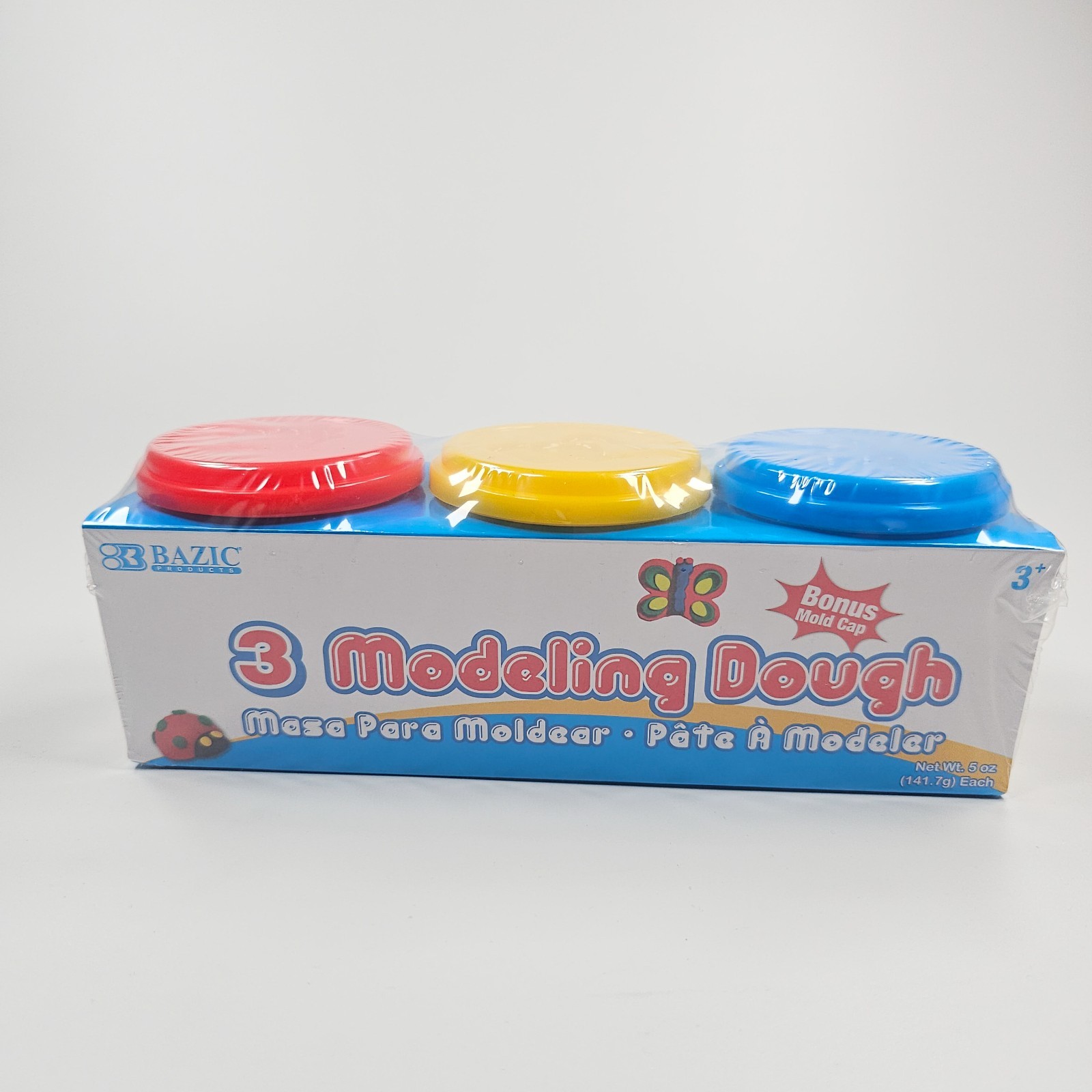 Bazic 3 Modeling Dough Set Red Yellow Blue Bonus Mold Cap Kids Toy NEW