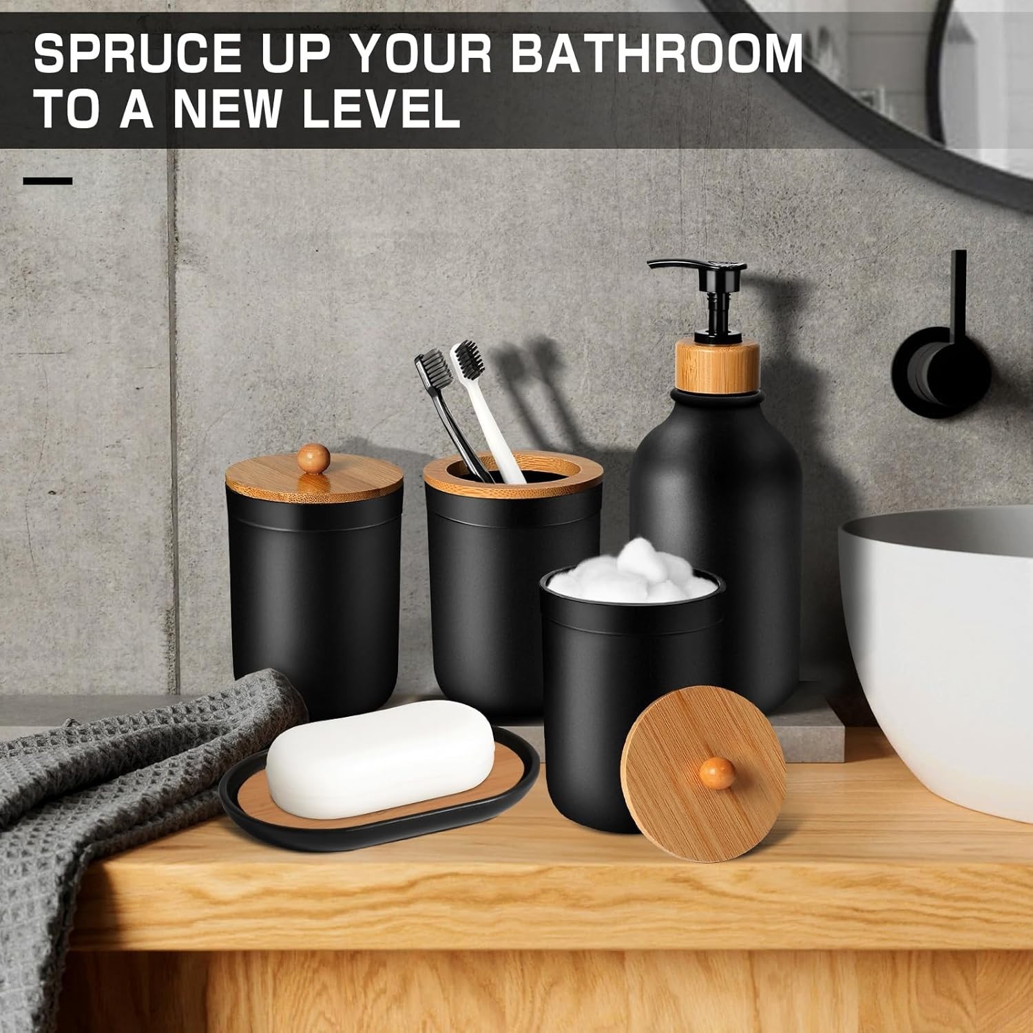 Stylish Black Bathroom Accessory Set - Shatterproof & Dust-Proof 5 Piece