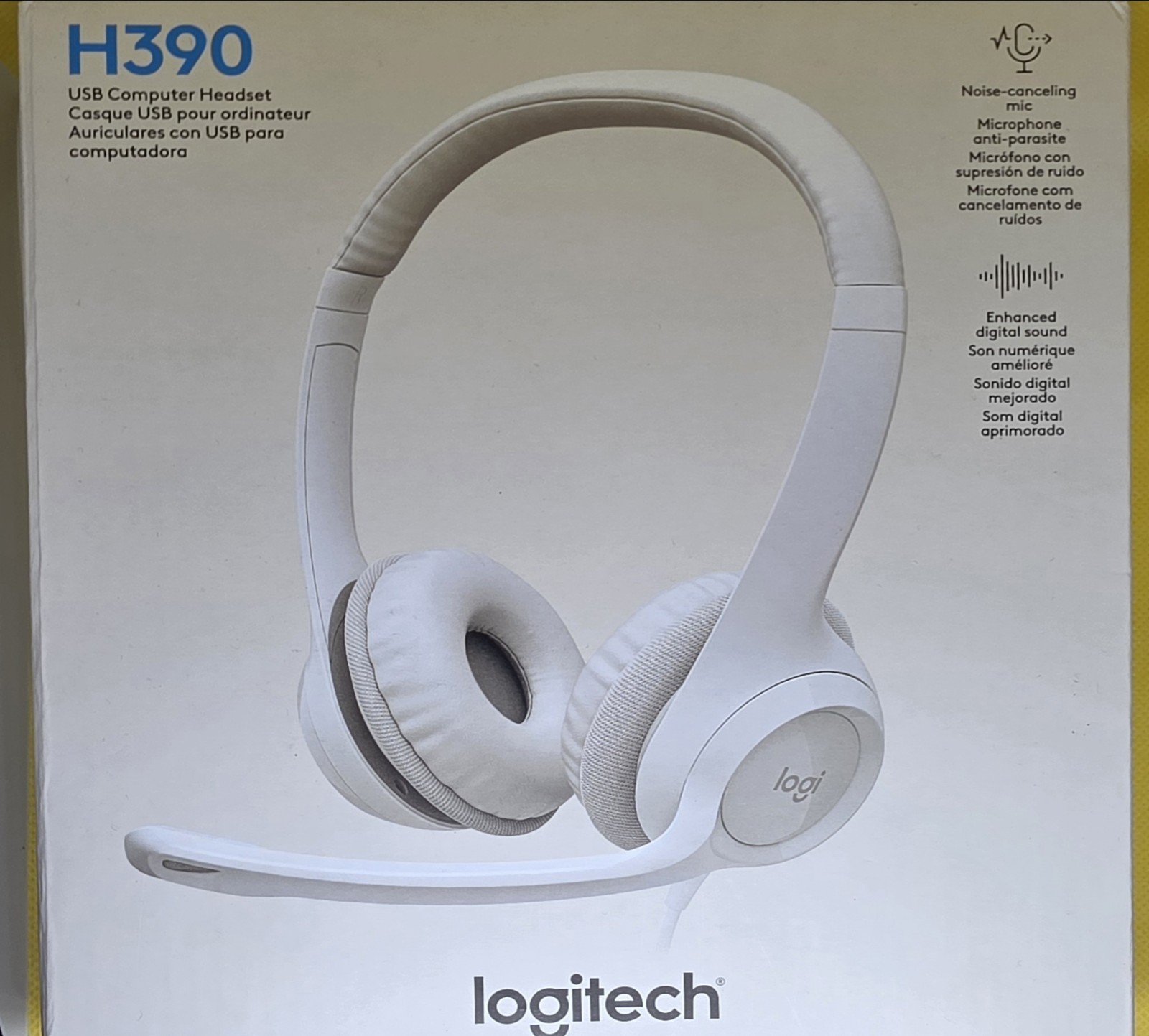 Logitech H390 USB Computer Headset White Noise Cancelling Mic NIB