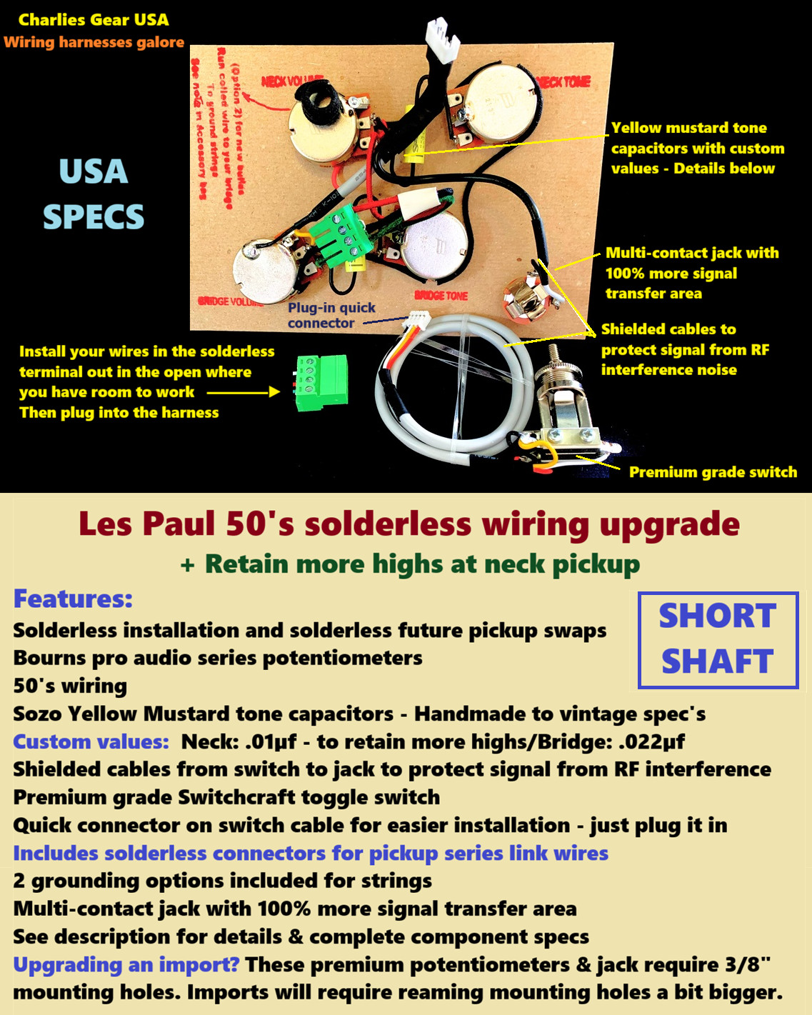 Les Paul Solderless 50's Wiring Upgrade with Short Shaft pots & Short Switch