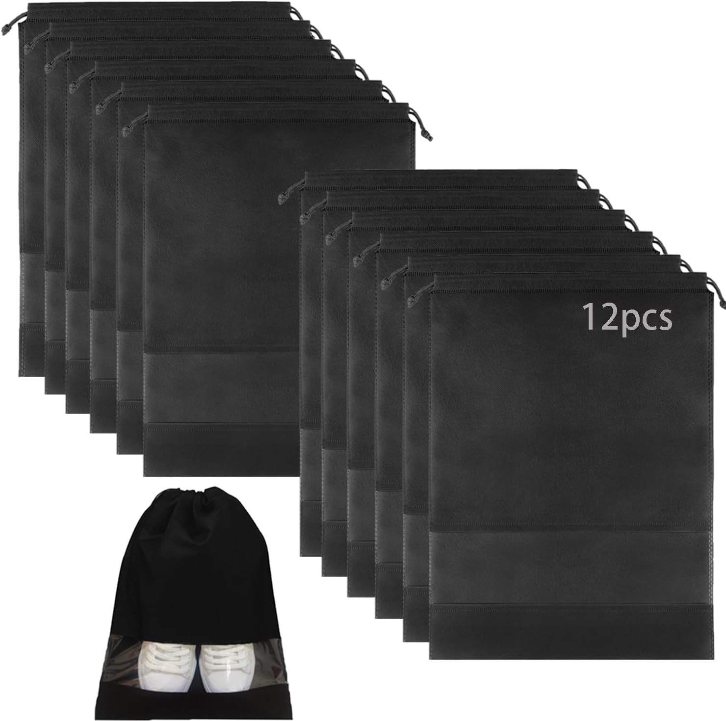 12pcs Non-woven Shoe Bags for Travel 12.6" X 17.3" 12.6 x 17.3 inch, Black