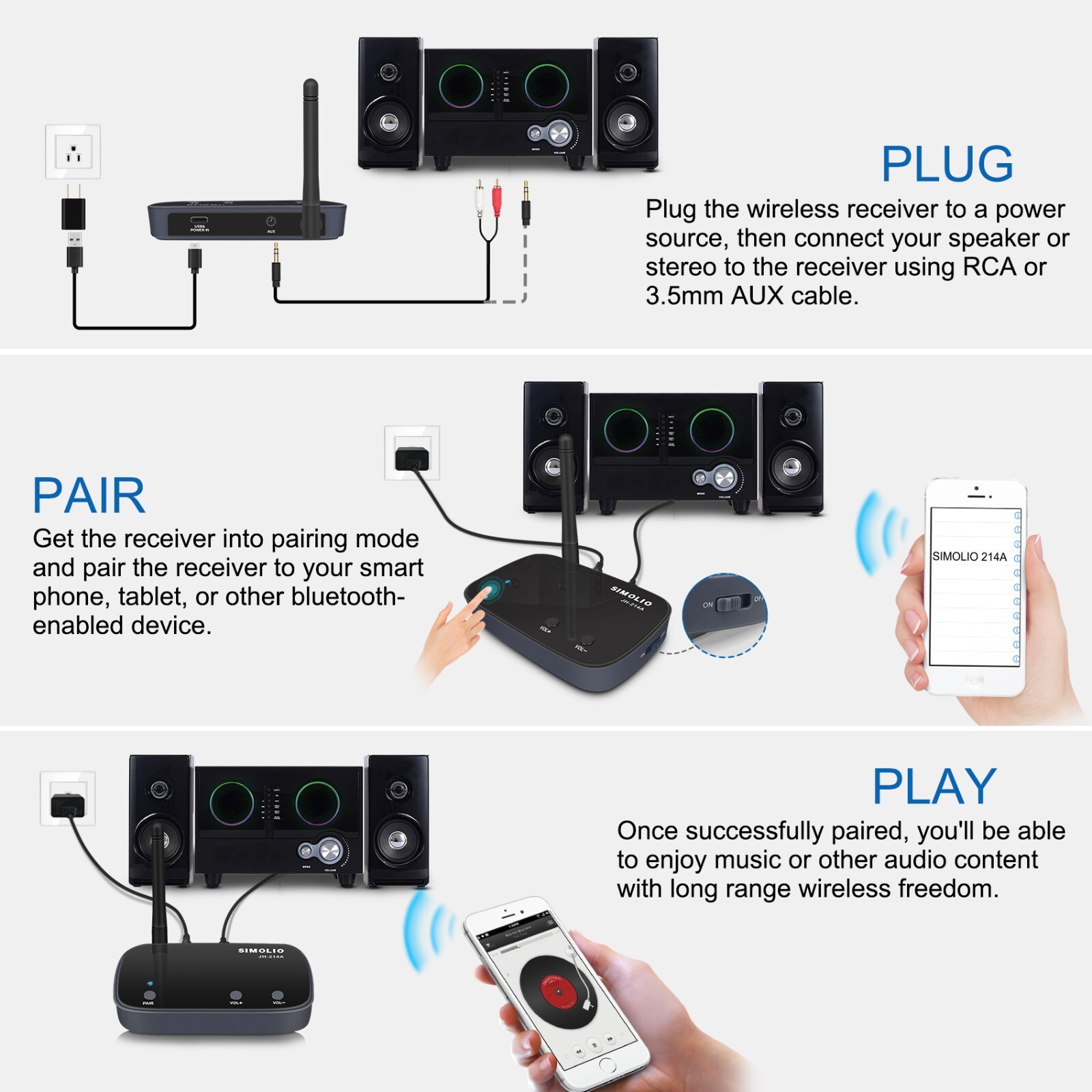 SIMOLIO Long Range Bluetooth Audio Adapter,Home Stereo/Wired Speakers/Amplifier