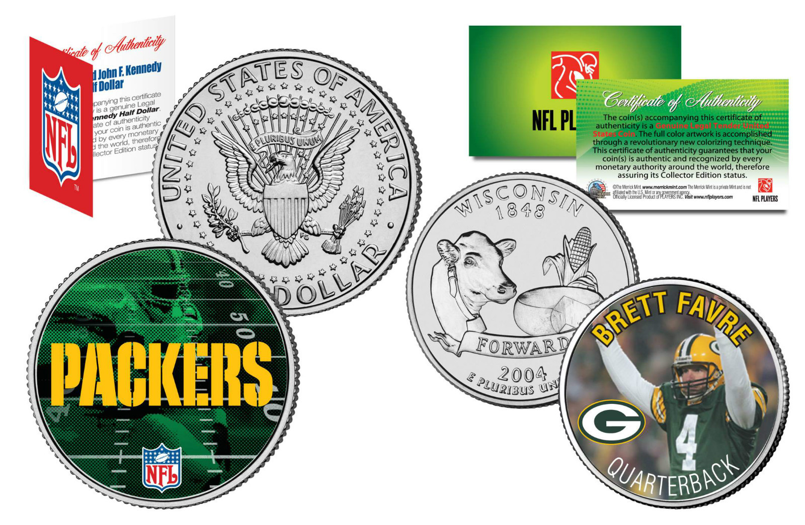 Green Bay Packers HOF Brett FAVRE Colorized 2-Coin Set Quarter & JFK Half Dollar
