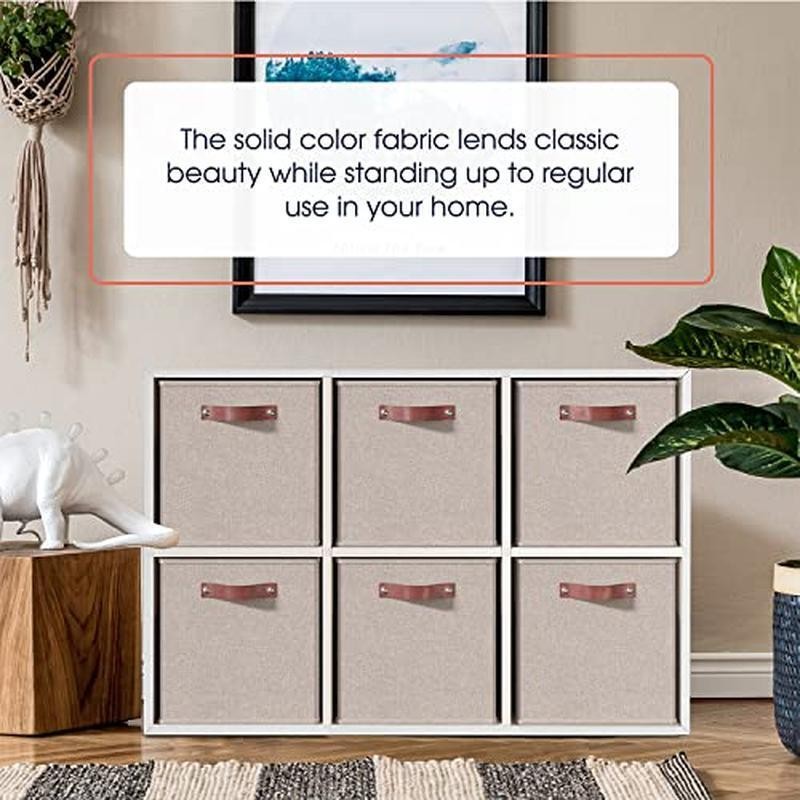 Foldable Storage Cube Bins 6 Pack Durable Fabric Box Organizer W/ Handles Beige