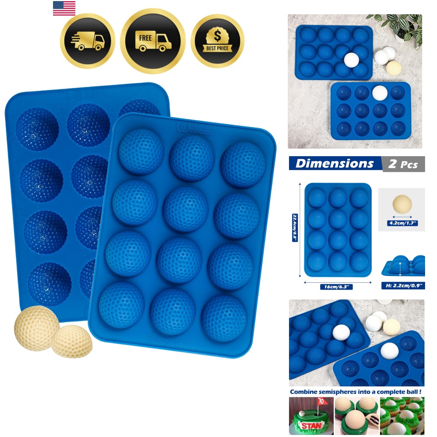 Golf Ball Chocolate Molds, Platinum Silicone Golf Ball Mold 12-Cavity, Golf M...