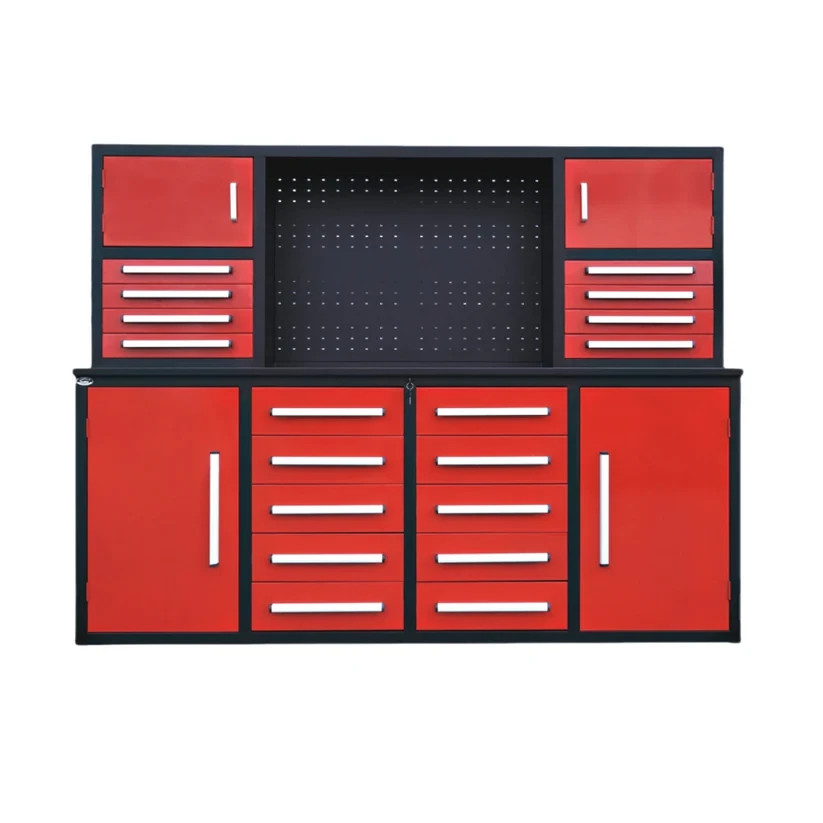 7FT Red Pro Duty Steel Workbench Storage Cabinet 18 Drawer & 4 Cabinets Pegboard