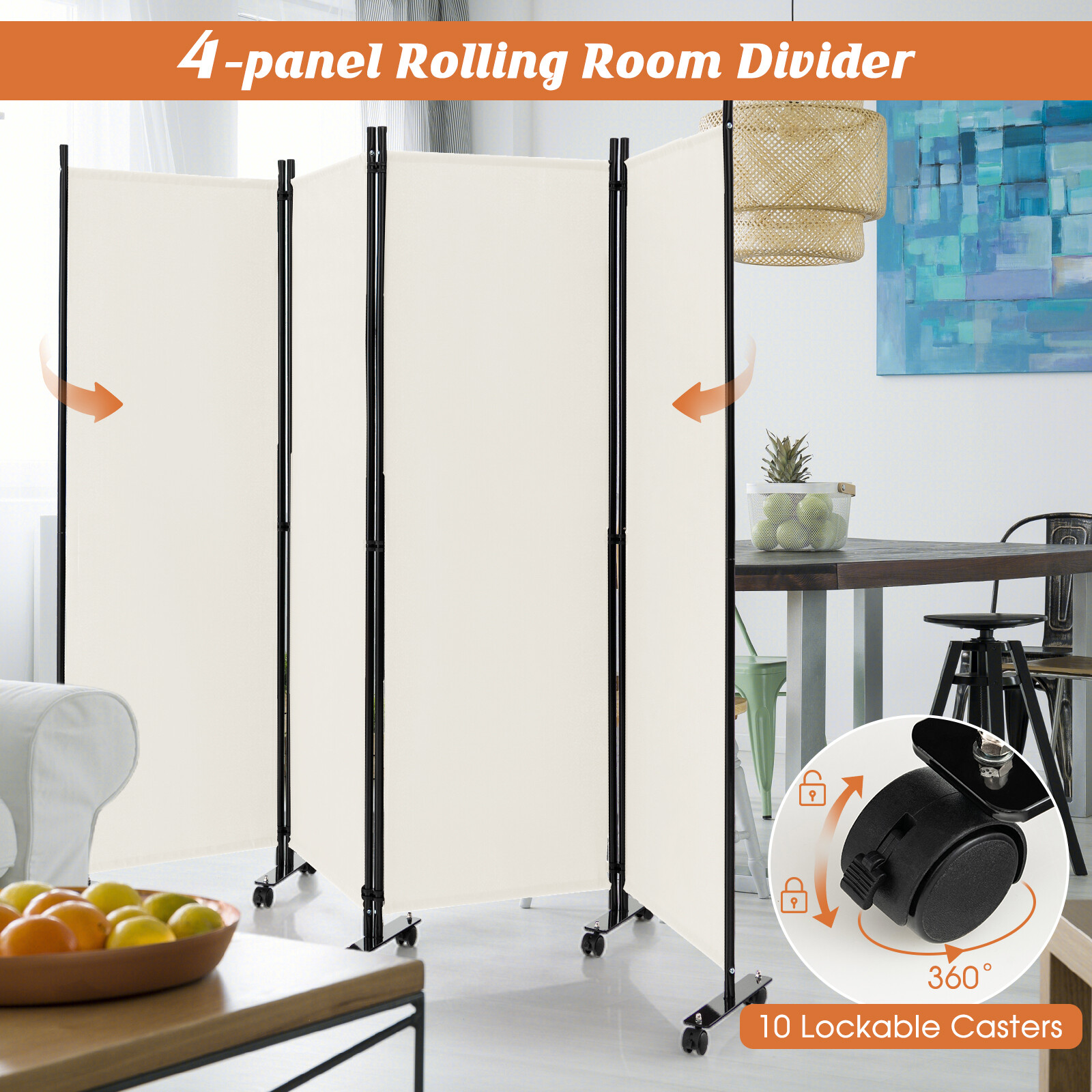 4-Panel Folding Room Divider 6FT Rolling Privacy Screen w/ Lockable Wheels White
