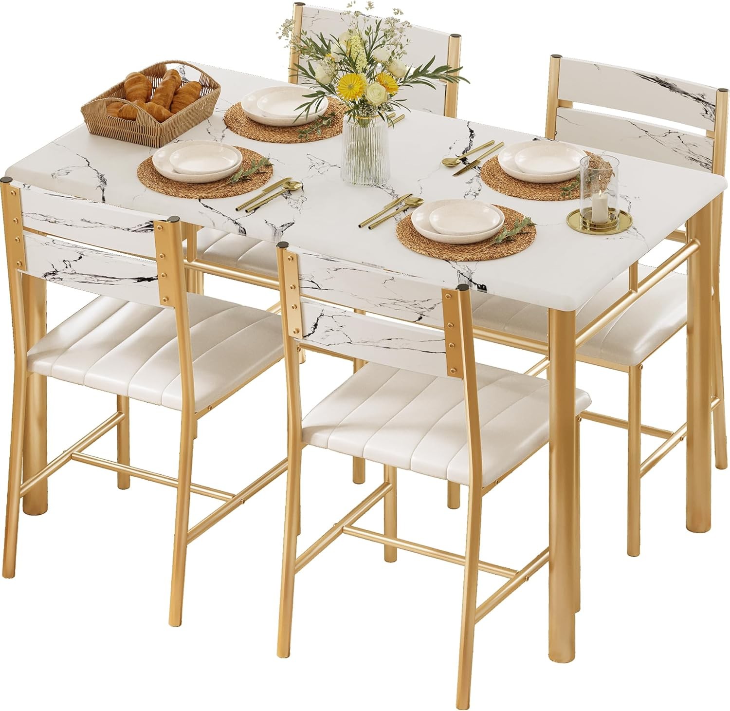 Dining Table Set 4 Wood Kitchen Table W/ Upholstered Chairs Kitchen Room & Small
