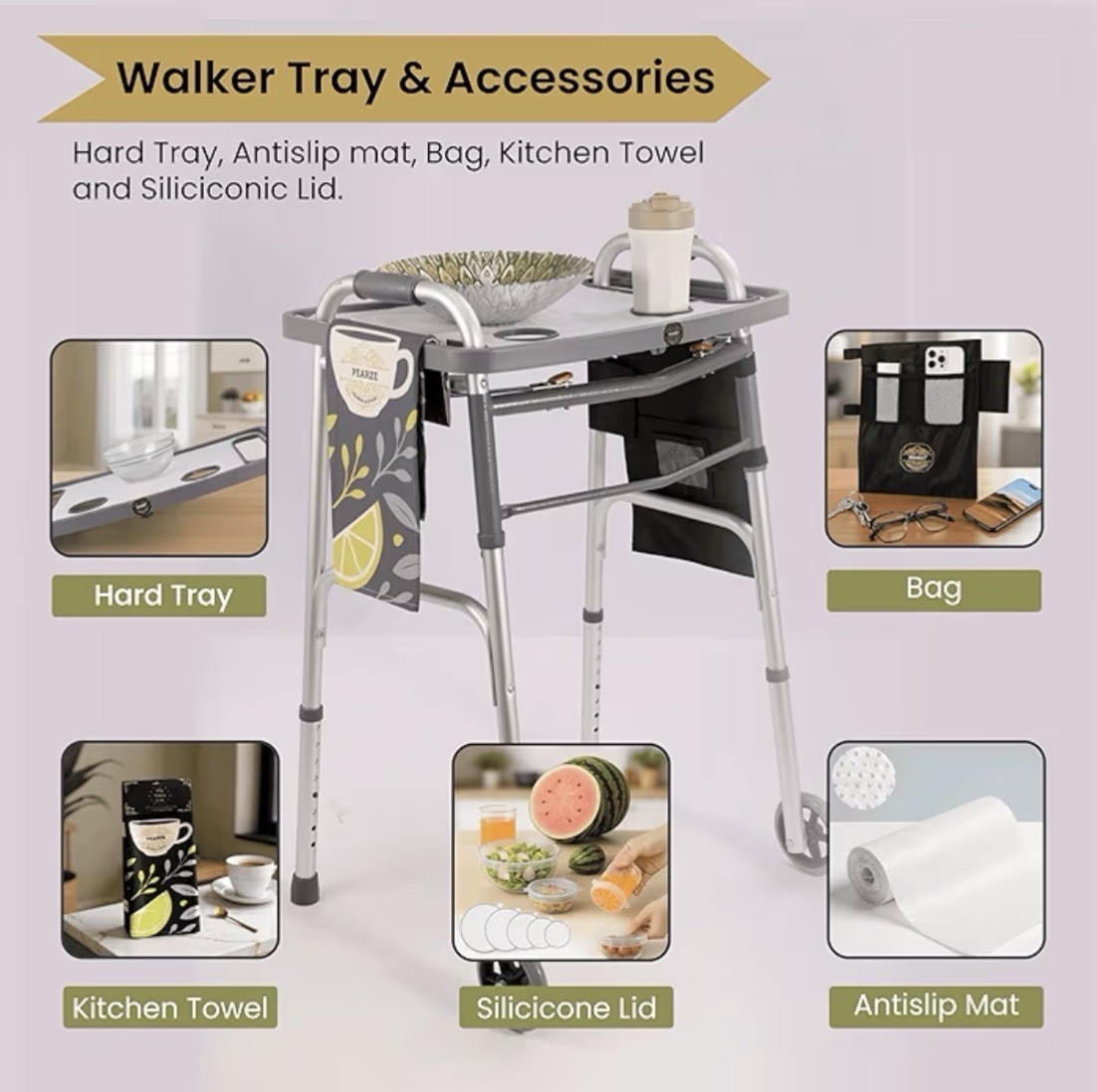 Pearze®️ Walker Tray for Rolling Folding Walker with Cup Holders ~ Nonslip Mat