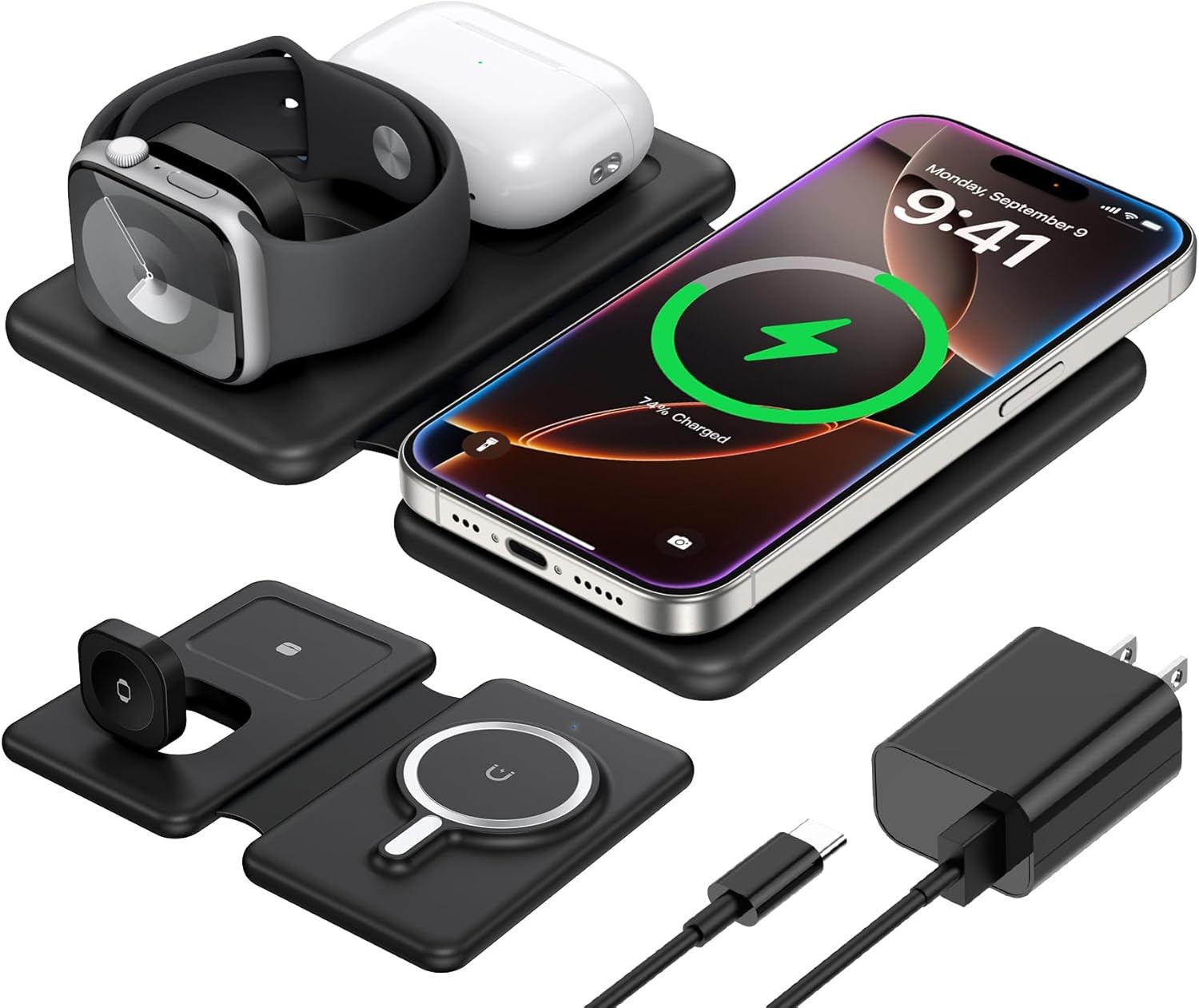 3 in 1 Charging Station for Apple,Travel Charger Multiple Devices Black