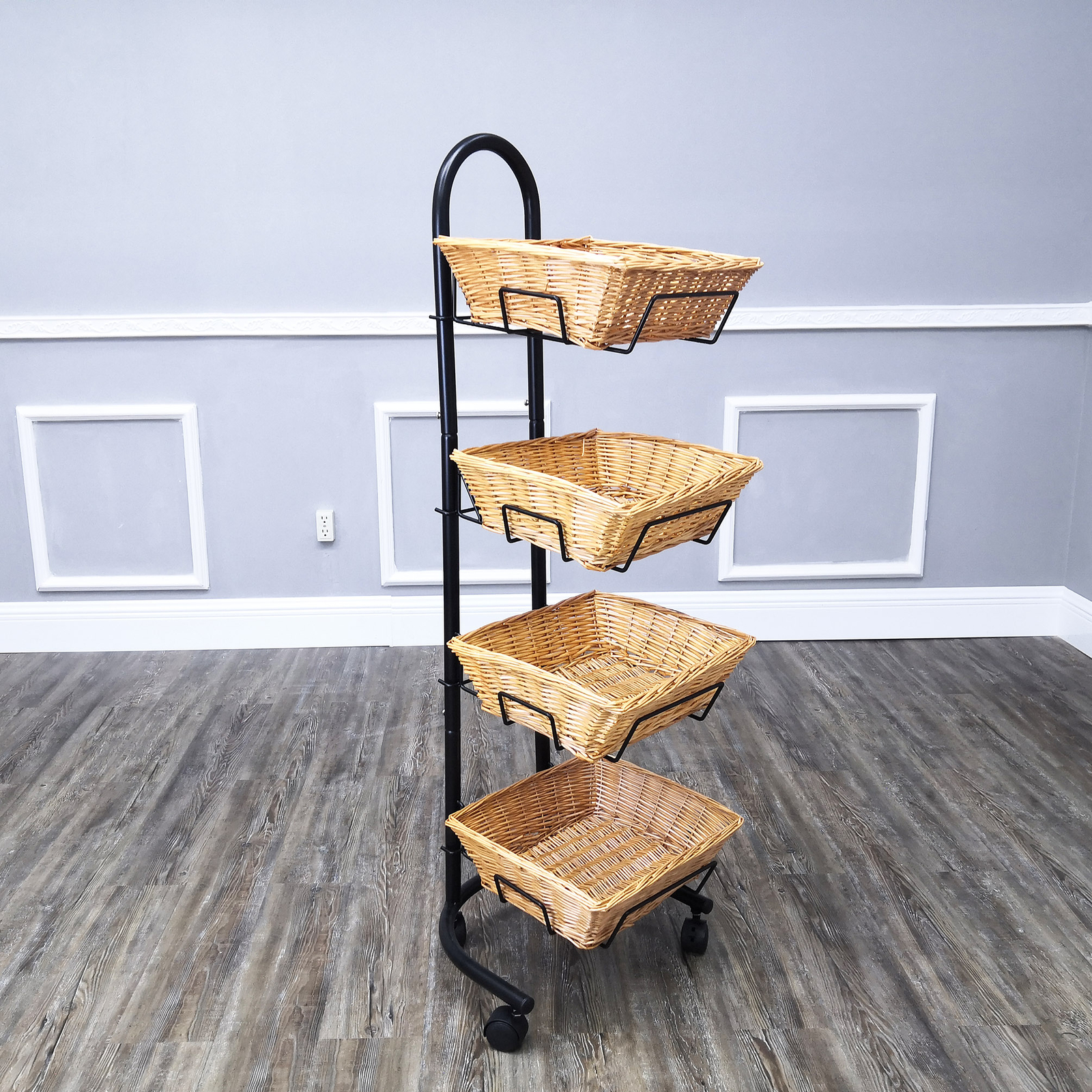 Rolling Wicker Basket Display Market Merchandiser Stand Kitchen Pantry Organizer