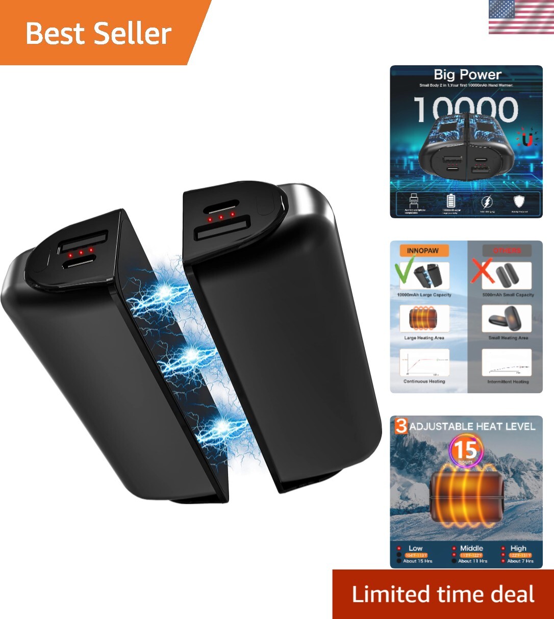 Compact Rechargeable Hand Warmers 2-Pack with Fast Heating & Power Bank Feature