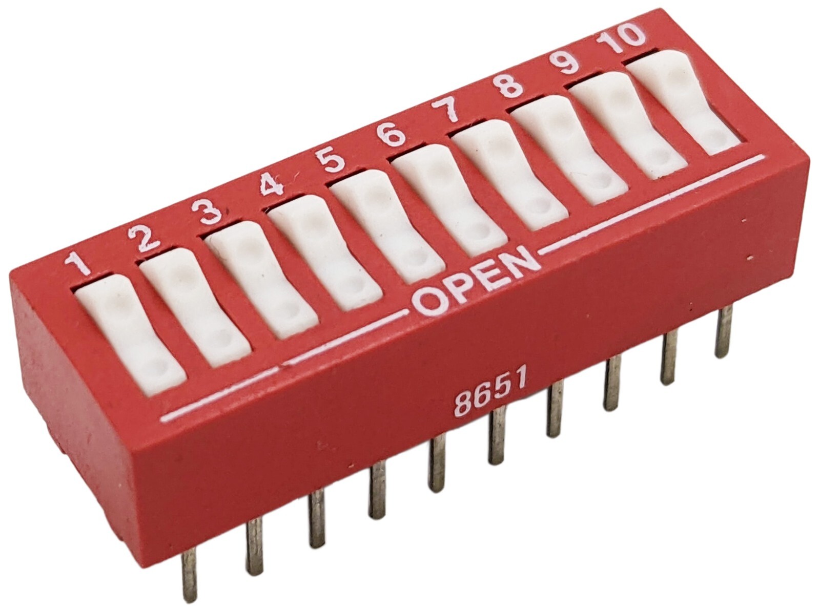 Rocker Style DIP Switch w/ 10 Switches, 20-Pin, SPST, Red (27.4mmx9.6mmx7.9mm)