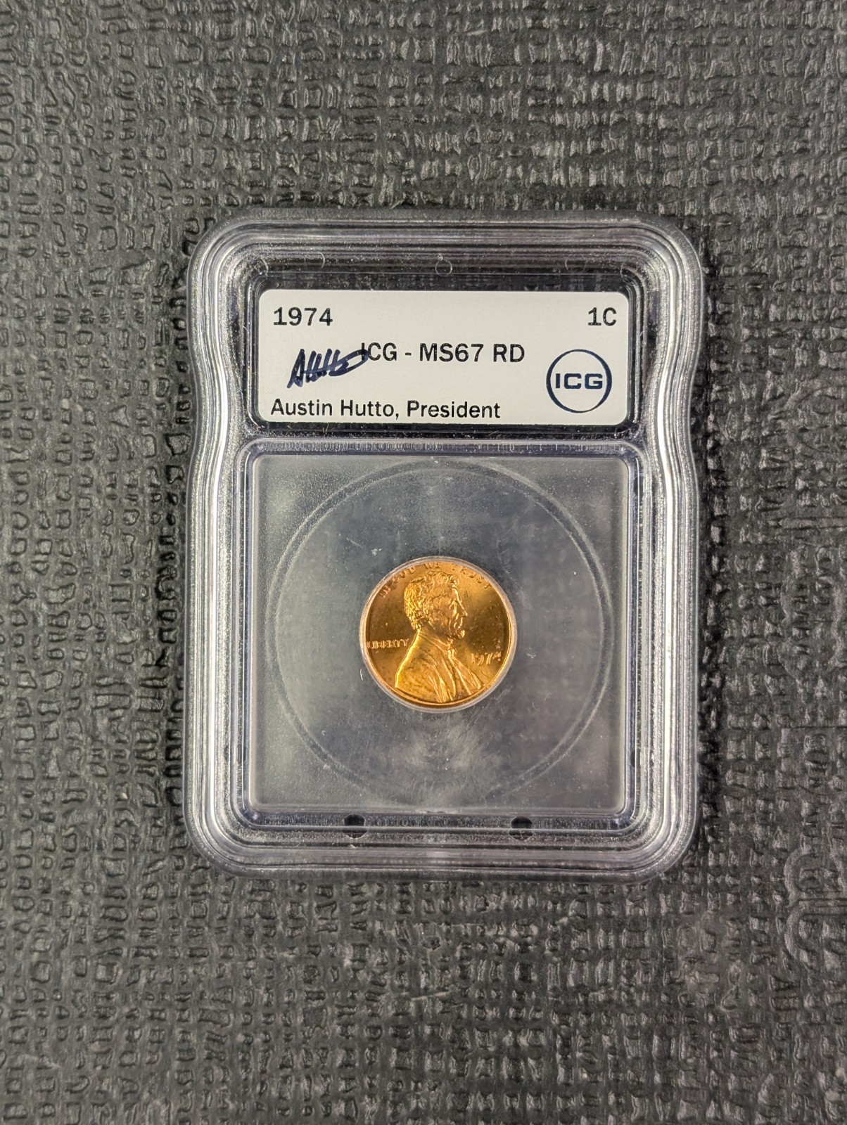1974-P MS 67 RD Lincoln Memorial Cent ICG New White Hutto Signed White Label