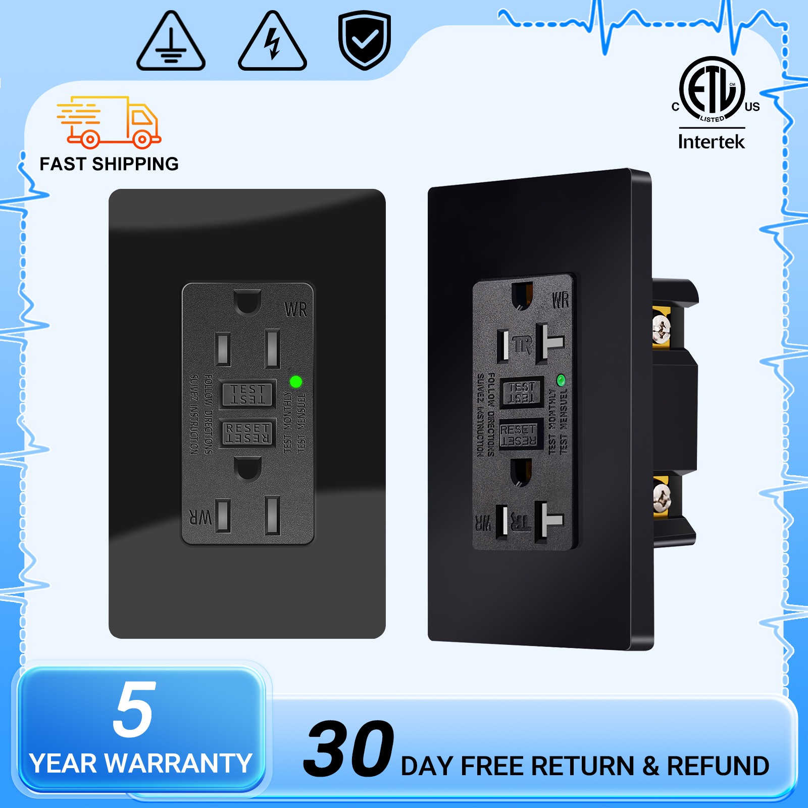 Easy Install 15/20A Black GFCI Outlet WR TR & ETL Rated Instant Power Cutoff