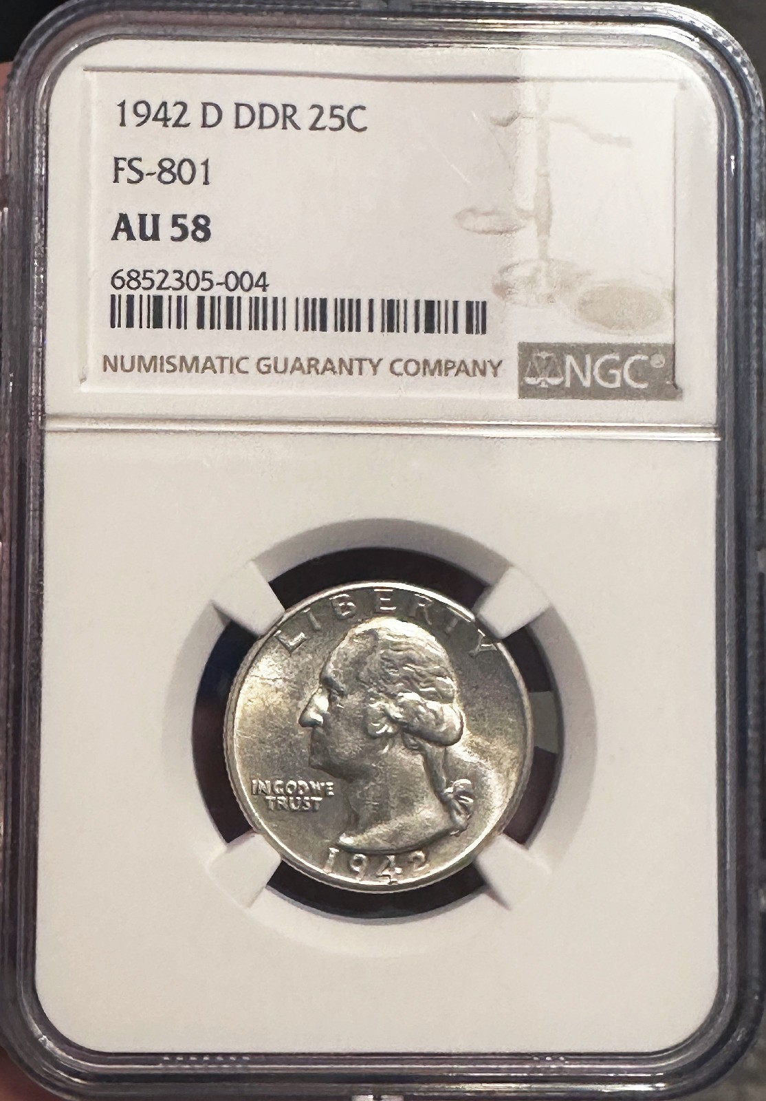 🔍 RARE 1942-D Washington Quarter NGC AU58 FS-801 💎 Doubled Die Reverse DDR