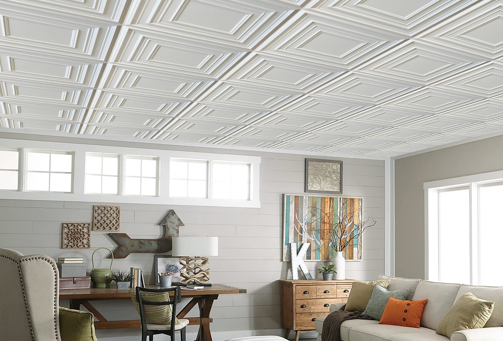 Dundee Deco Traditional Square Silver PVC 3D Decorative Ceiling Panel 2ft x 2ft