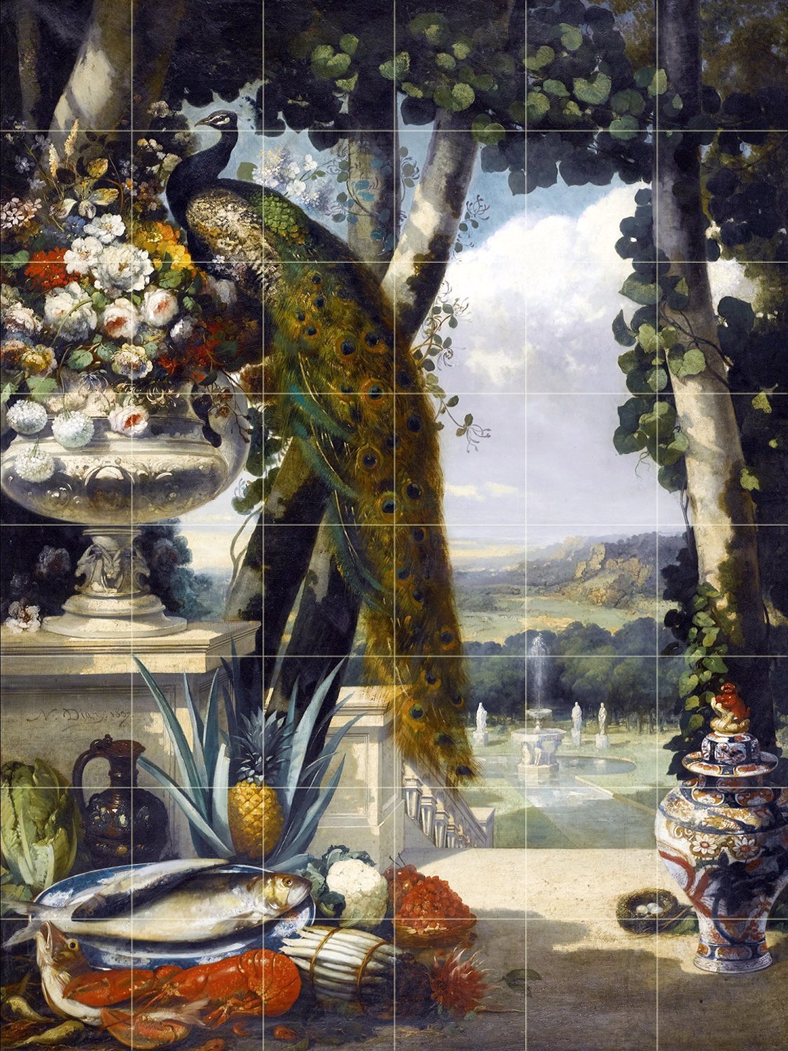STILL LIFE WITH PEACOCK Tile Mural Kitchen Bathroom Wall Backsplash 25.5x34