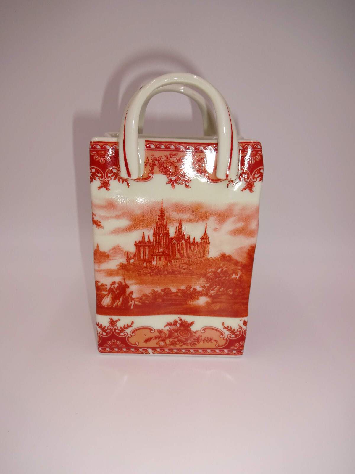 Vintage Brown White Porcelain Bag Basket Castle Flowers Handles 5-1/2" Marked