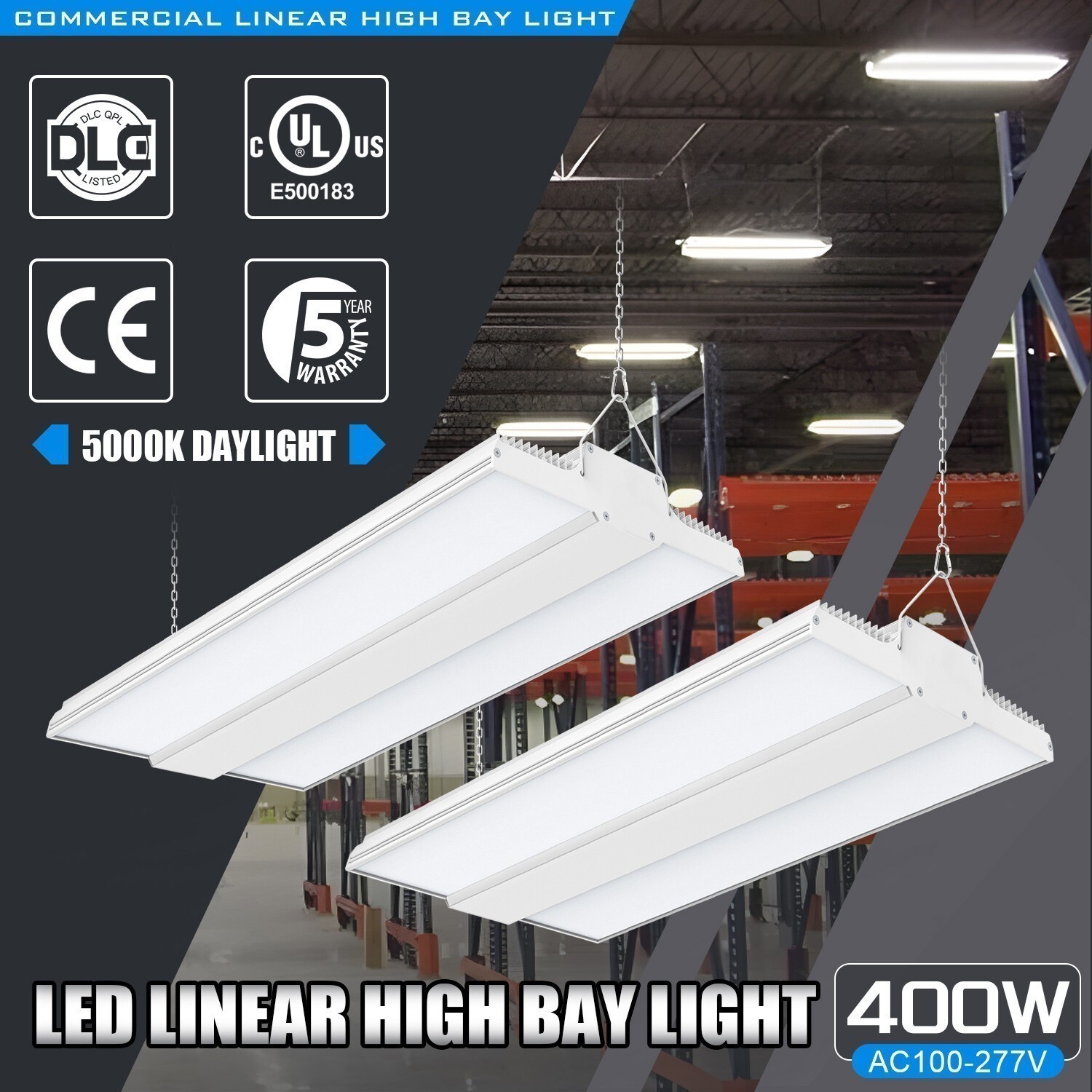 2PCS 400W LED Linear High Bay Light Equiv. 1500W HID/HPS Ceiling Fixture 60000LM