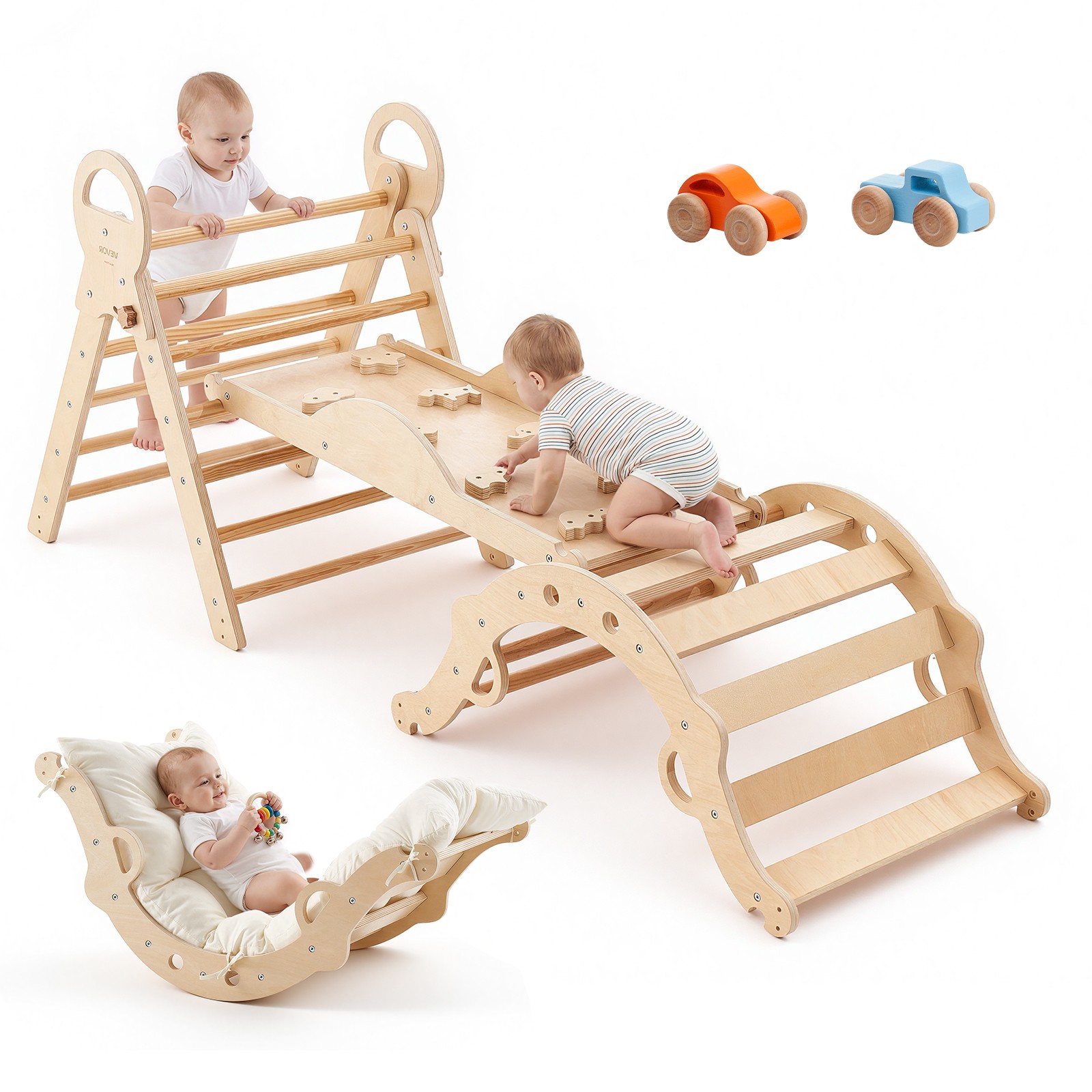 VEVOR Pikler Triangle Set 9-in-1 Toddler Climbing Toys with Wooden Cars Wood