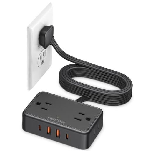 Flat Plug Extension Cord Ultra Thin Power Strip, 4 AC Wide Spaced 6 Ft Black