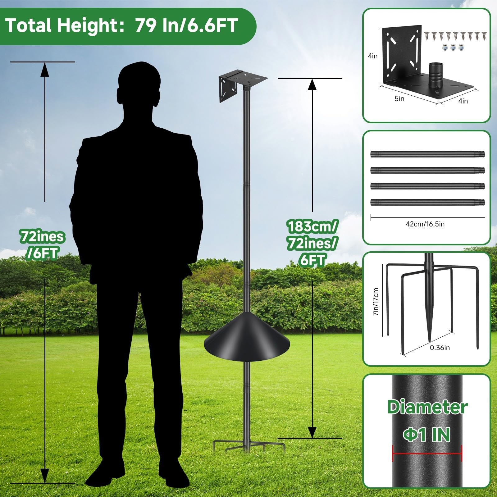 Proerr Smart Bird Feeder Pole Stand 79In,Adjustable Height 79 INCH, Black
