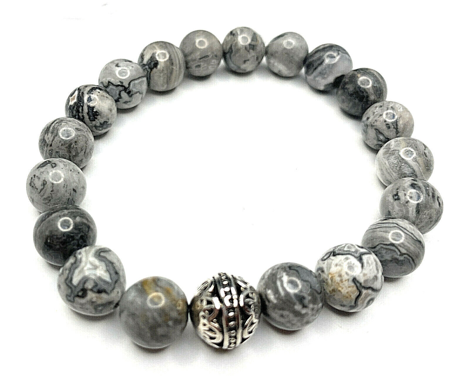 Map Jasper Gemstone & .925 Tibetan Silver Bali Bead 10mm Mood Bracelet