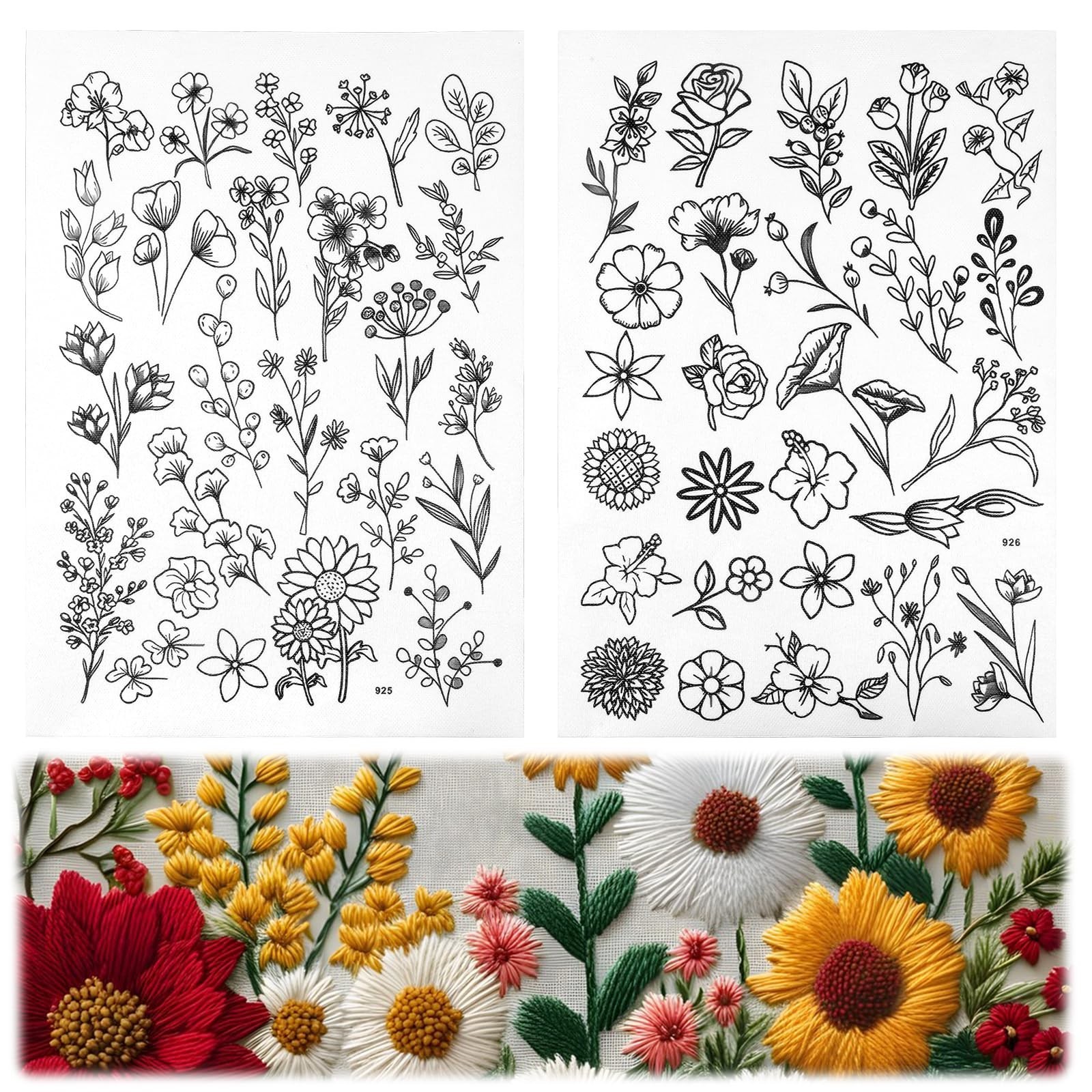 53 PCS Stick & Stitch Embroidery Patterns Water-Soluble Flower Designs Set