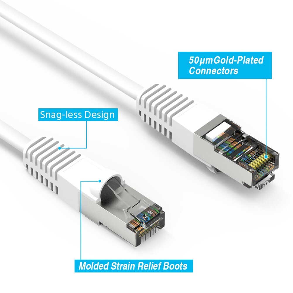 1FT Cat7 RJ45 Network LAN Ethernet SSTP Patch Cable Shielded Copper 600MHz White