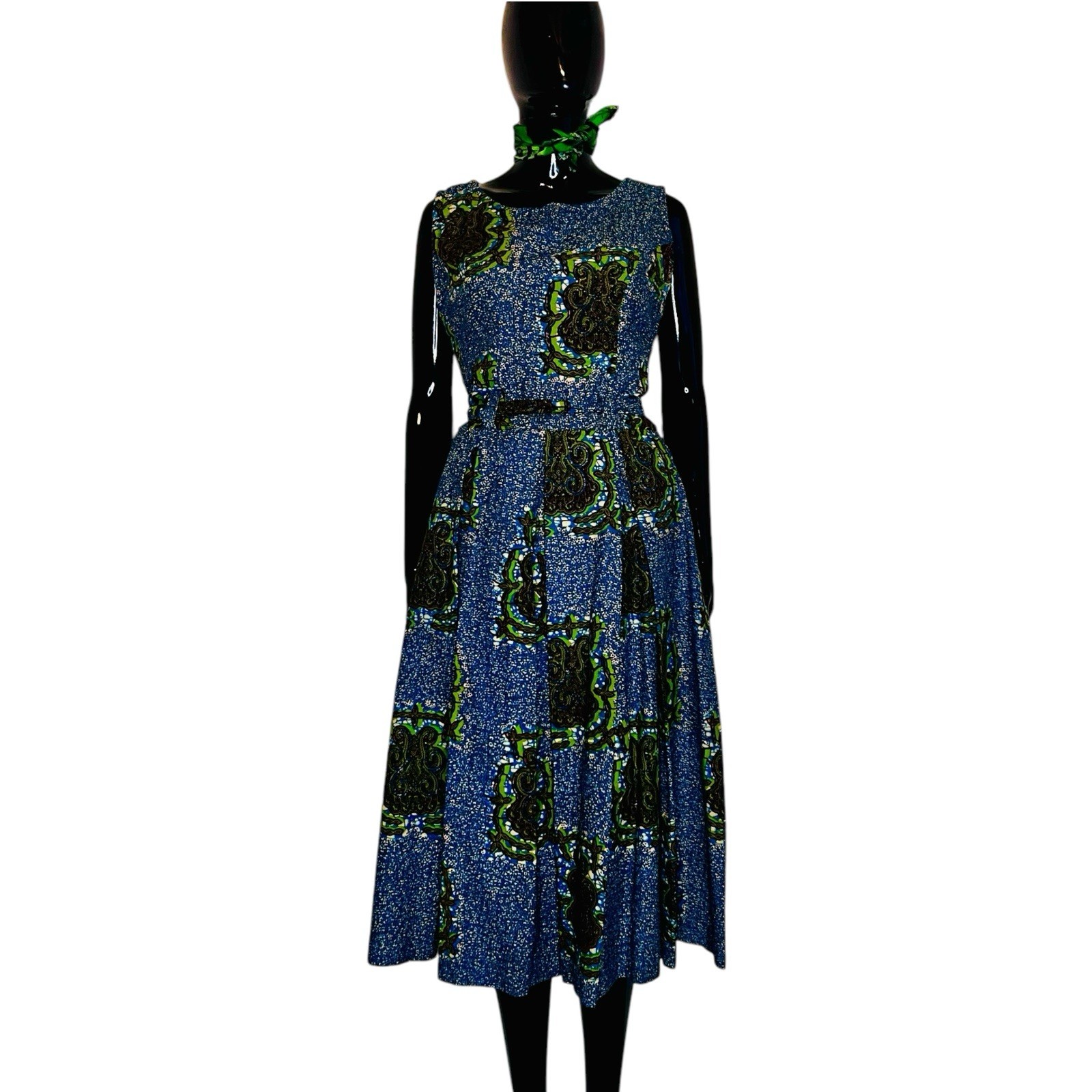 Blue & Green Ankara/African Print Women Cocktail Flare Out Midi Dress ￼