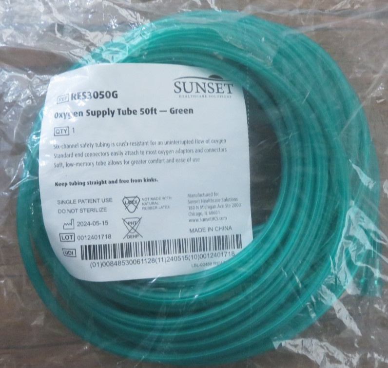 Sunset Healthcare 50ft Oxygen Tubing Green Kink Resistant Supply Hose RES3050G