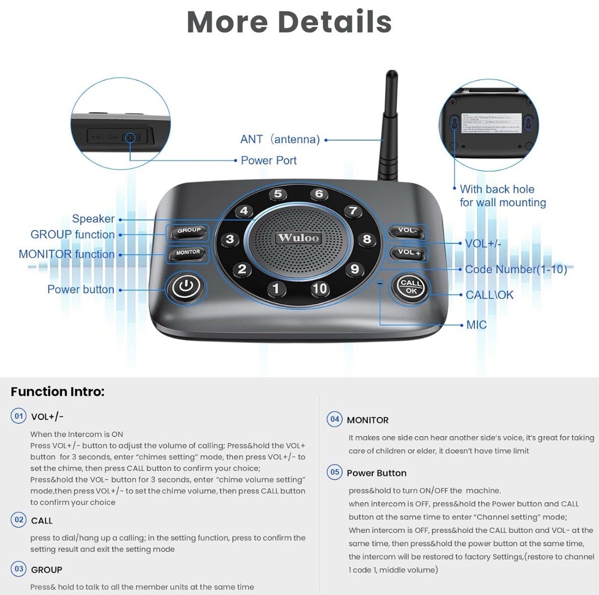 Wuloo S600-P2 Black Gray Wireless Full Duplex Intercom System 2 Pack