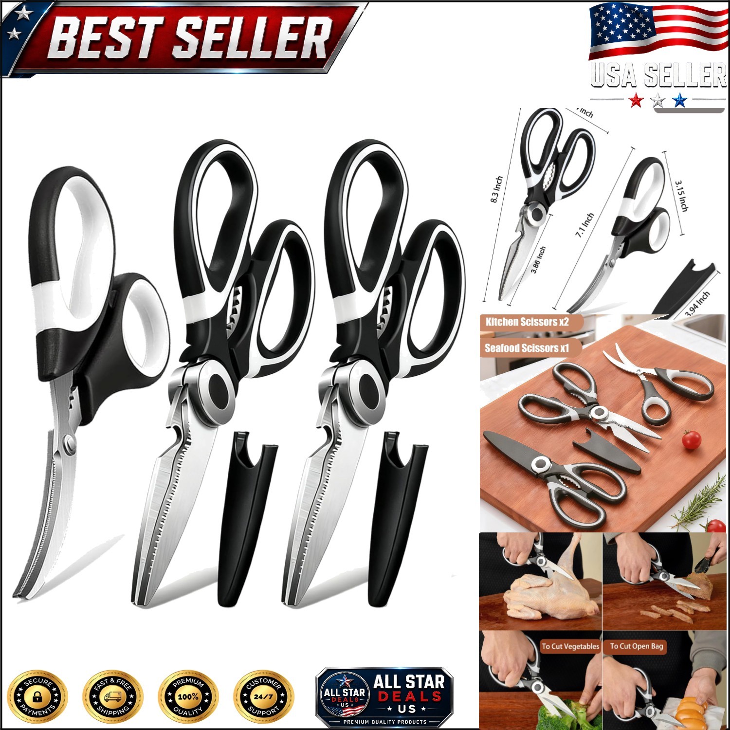 Versatile Kitchen Scissors Set with Durable Blades - Includes Seafood Shears