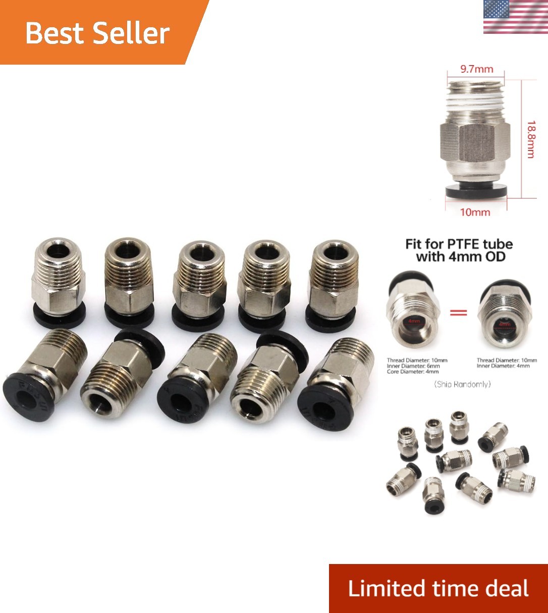 Durable Stainless Steel Pneumatic Straight Connectors for 1.75mm Filament 10 pcs