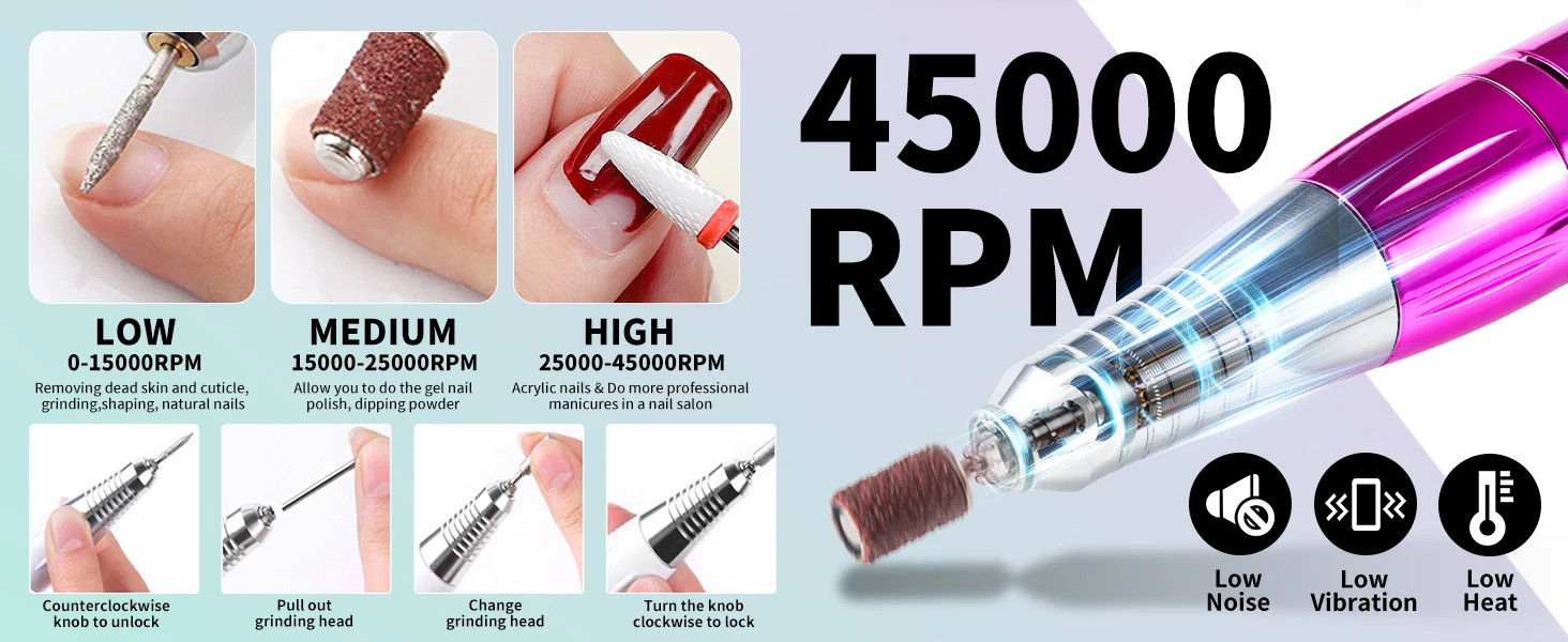 45000RPM Electric Nail Drill Professional Polishing Machine Low Noise File Set