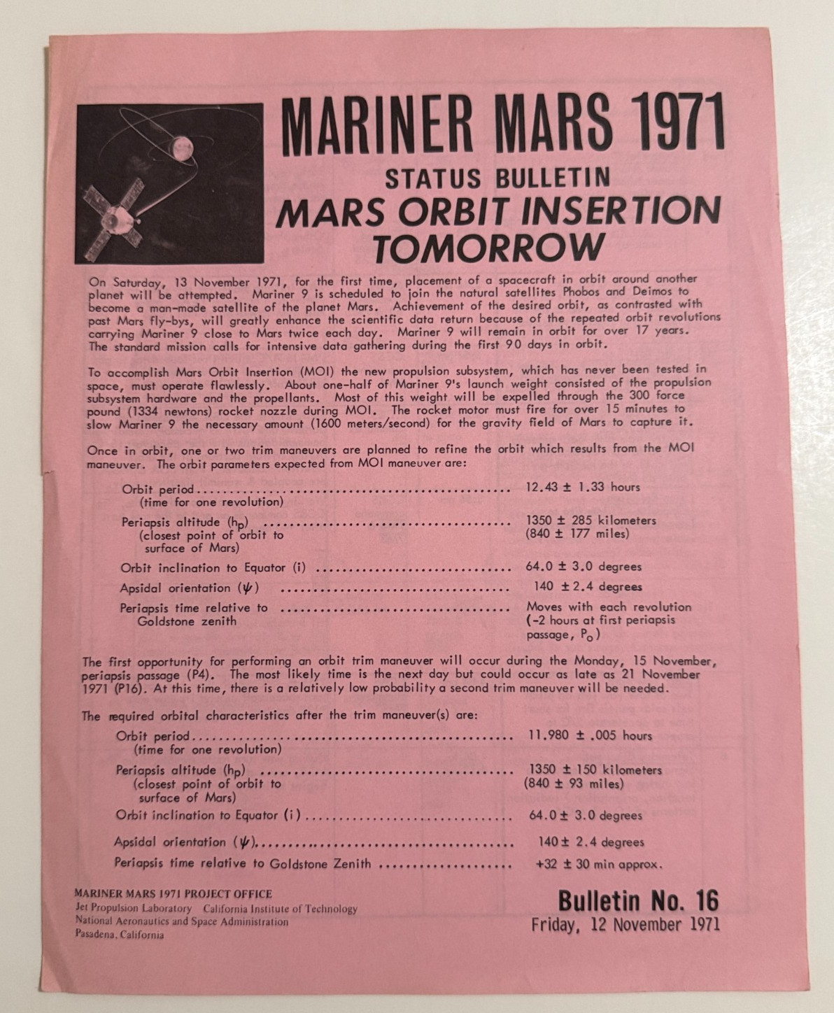 Mariner Mars 1971 ORBIT INSERTION JPL/NASA Status Bulletin No. 16 November 12