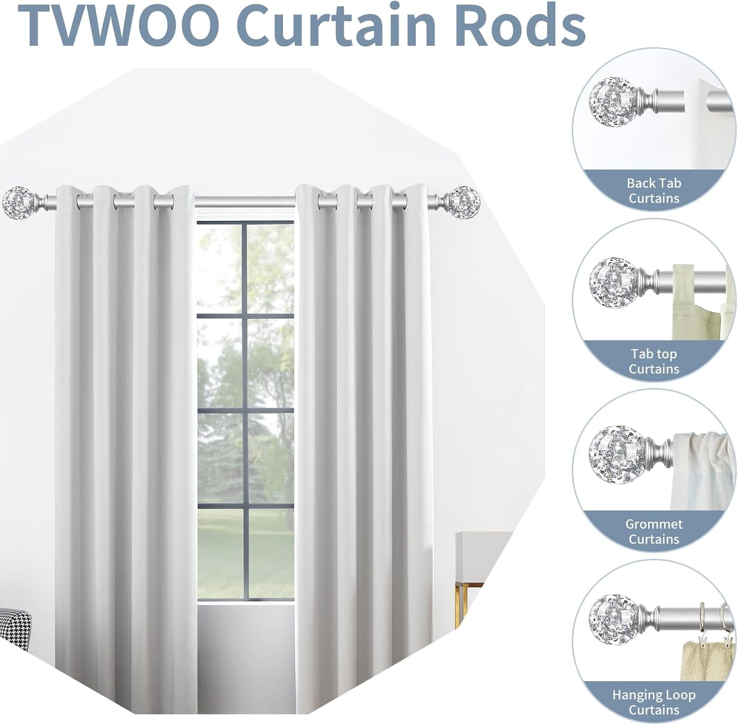 Decorative Curtain Rod with Crystal Finials Adjustable 18-45" Telescoping Silver