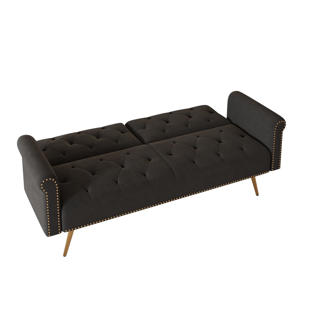 69.7" Velvet Sofa Bed - Nail Head Trim + Matching Throw Pillow Black