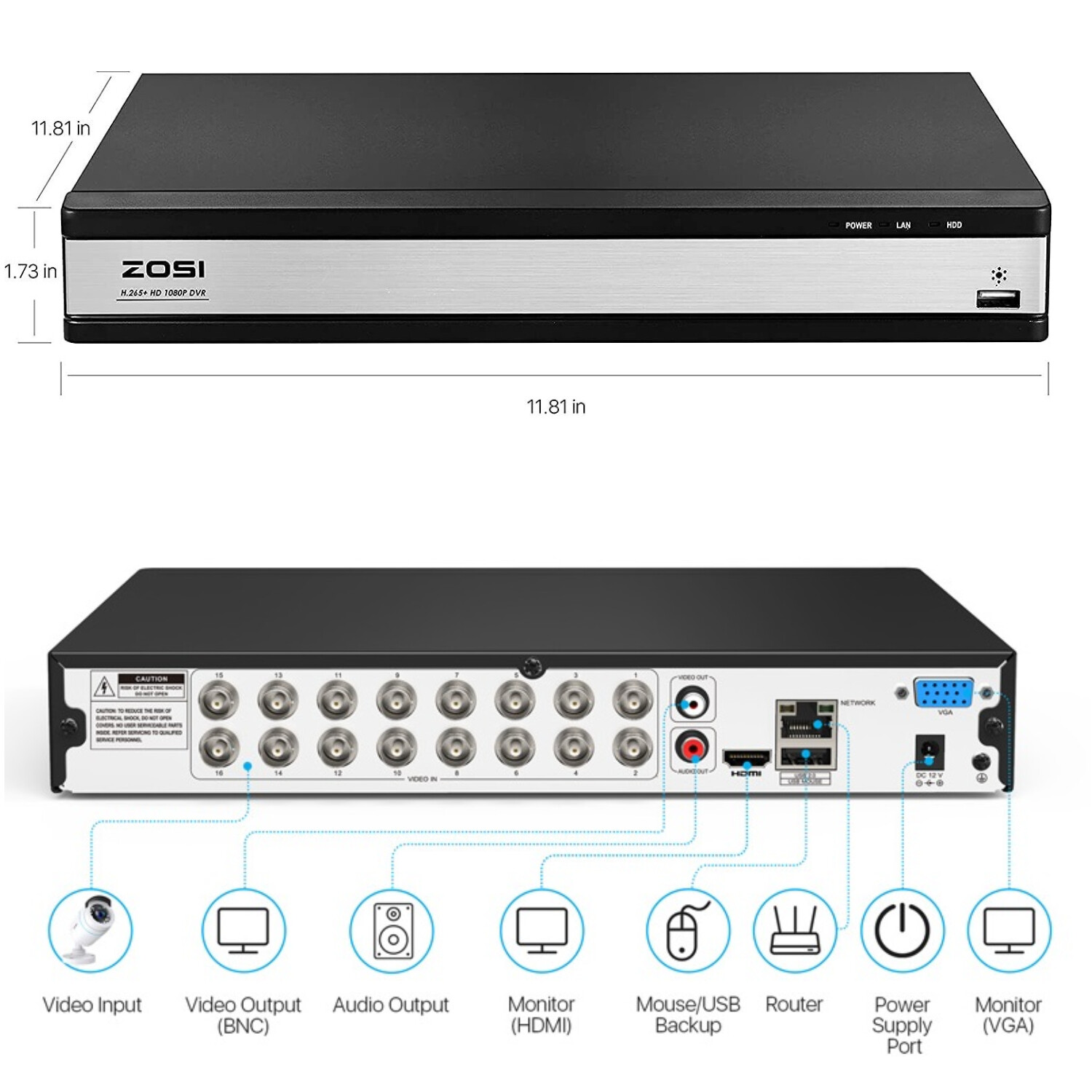ZOSI 16CH H.265+ DVR 5mp lite Home Outdoor Surveillance Security Camera System
