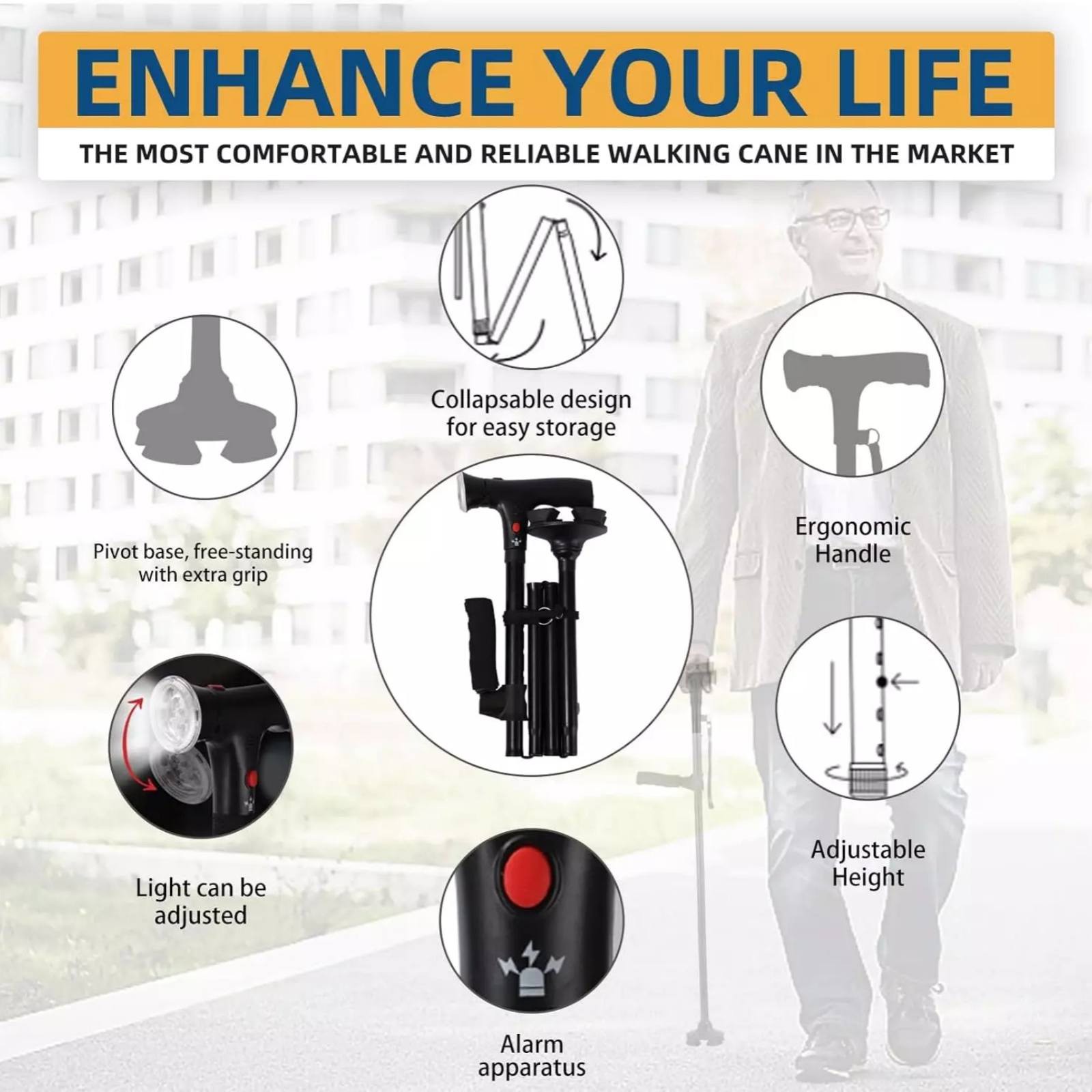Portable Height-adjustable Walking Cane W/Side Handle Support 250lbs Capacity