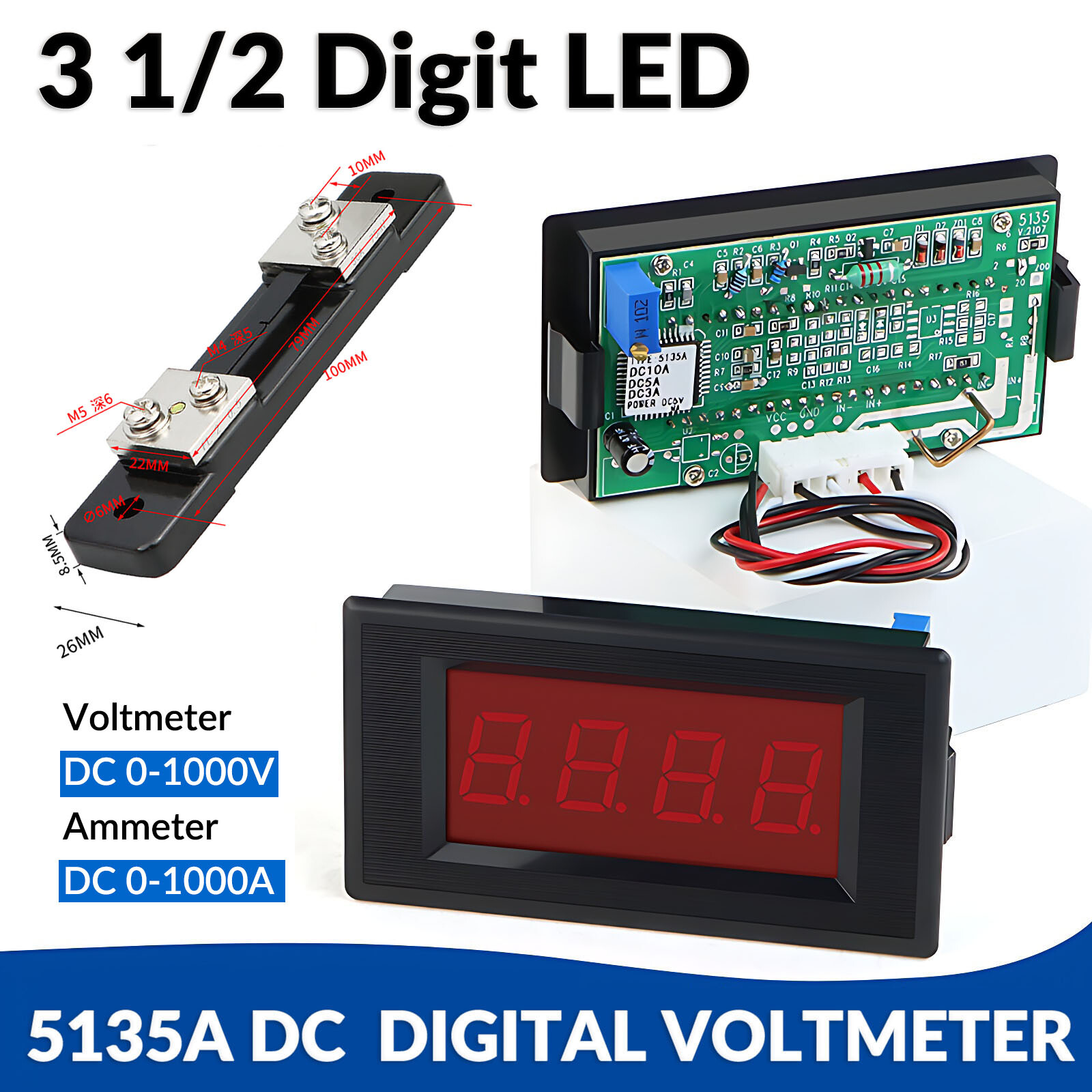 DC 0-1000V/1000A Digital Voltmeter Ammeter 3Digit LED display Tester Panel/Shunt
