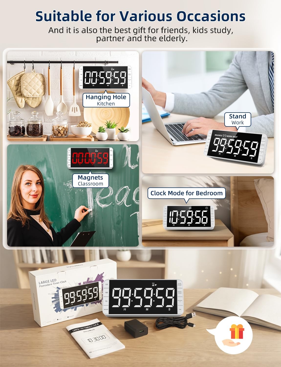 7.8" Digital Kitchen Timer with Large LED Display, Magnetic Rechargeable Coun...